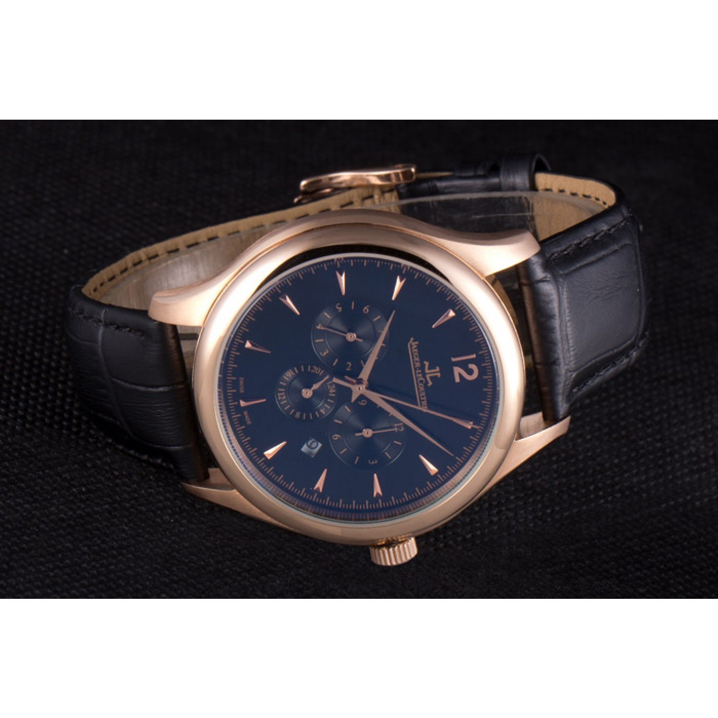 MiroTime Jaeger Lecoultre Master Chronograph Gold Bezel Black Leather Band 621619