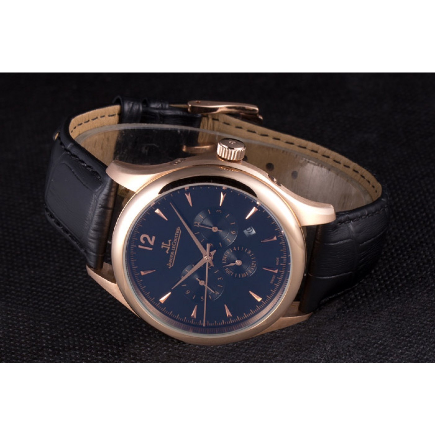 MiroTime Jaeger Lecoultre Master Chronograph Gold Bezel Black Leather Band 621619