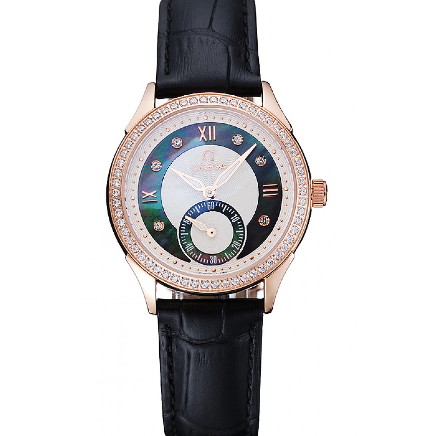 MiroTime Omega DeVille Prestige Black Dial Gold Diamond Case Black Leather Bracelet 1454123