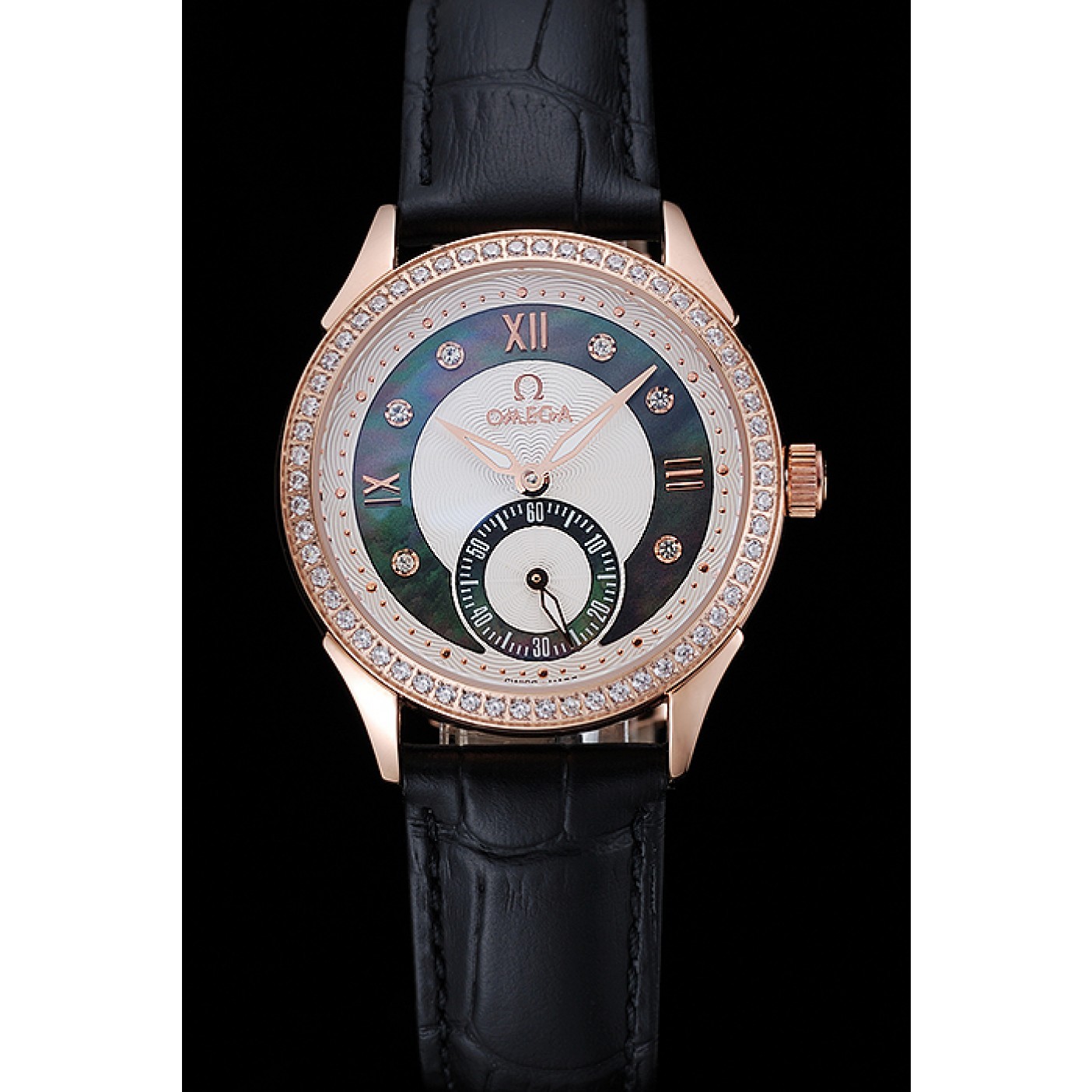 MiroTime Omega DeVille Prestige Black Dial Gold Diamond Case Black Leather Bracelet 1454123
