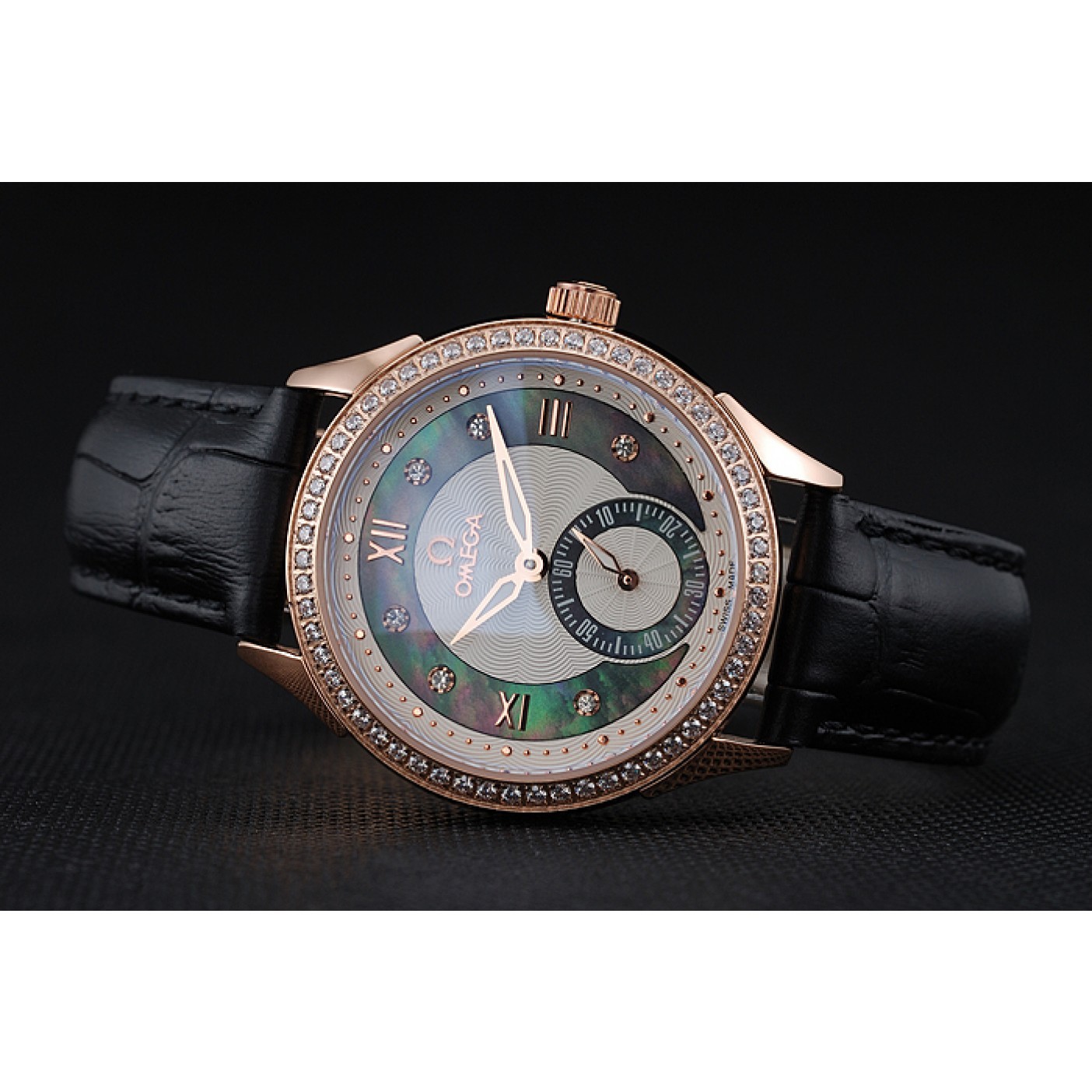 MiroTime Omega DeVille Prestige Black Dial Gold Diamond Case Black Leather Bracelet 1454123