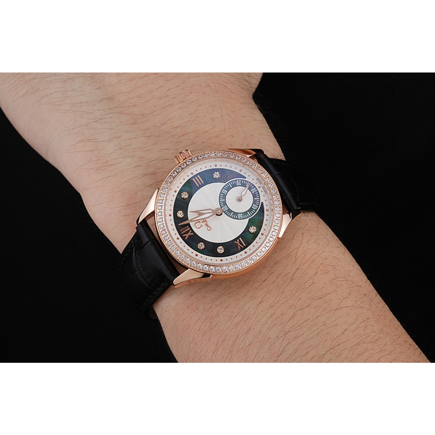 MiroTime Omega DeVille Prestige Black Dial Gold Diamond Case Black Leather Bracelet 1454123