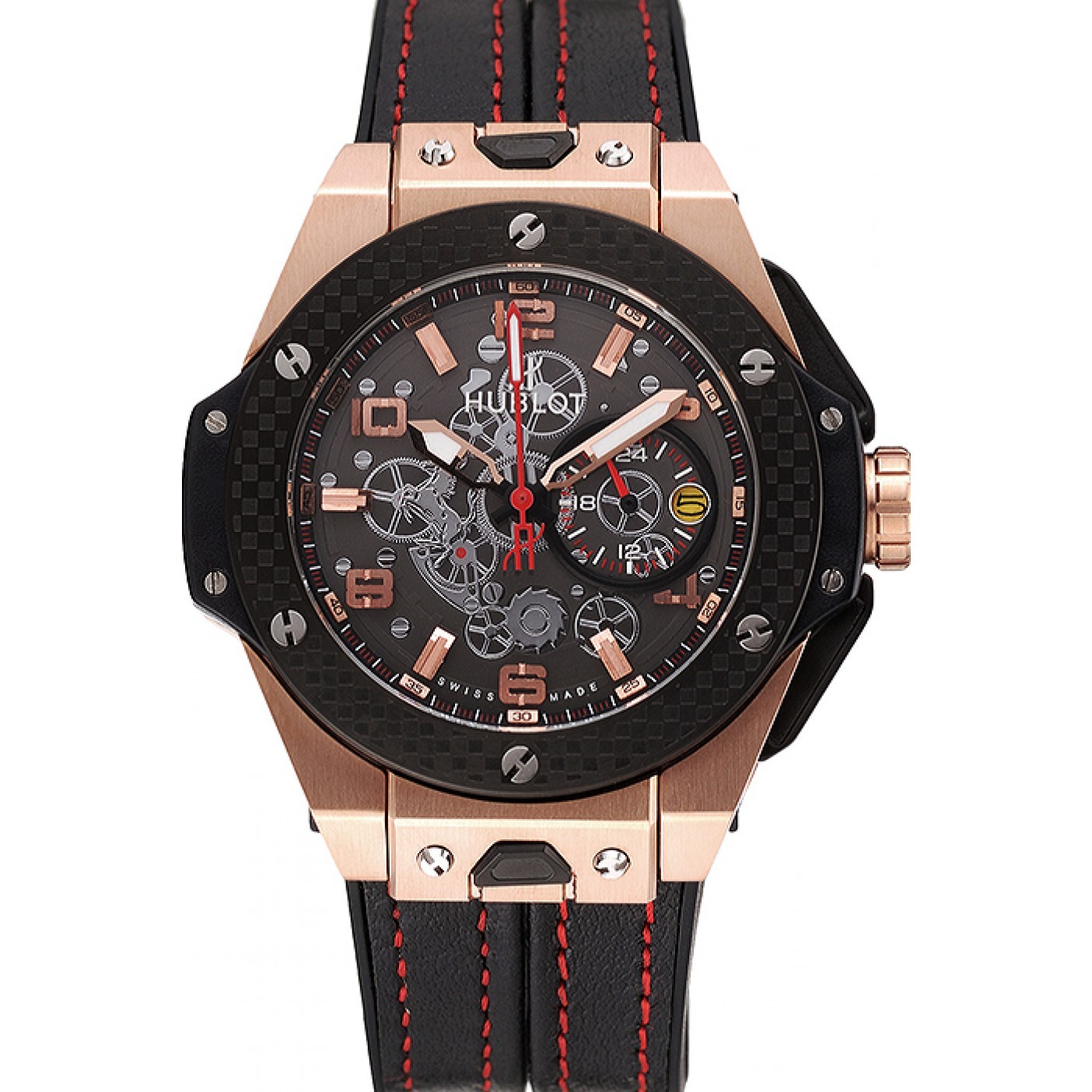 MiroTime Hublot Big Bang Ferrari Silver Dial Carbon Bezel Gold Case Black Leather Strap 622769