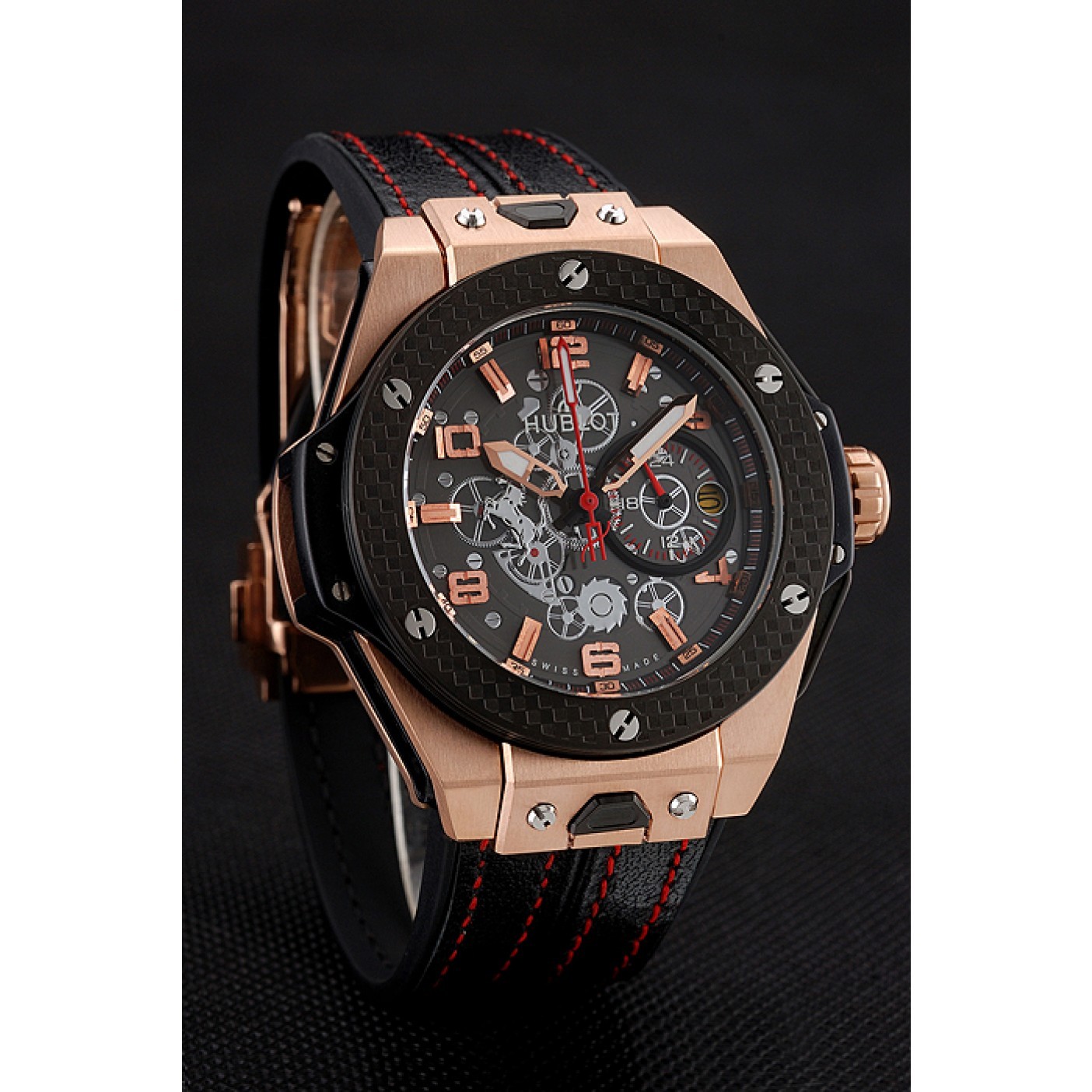 MiroTime Hublot Big Bang Ferrari Silver Dial Carbon Bezel Gold Case Black Leather Strap 622769