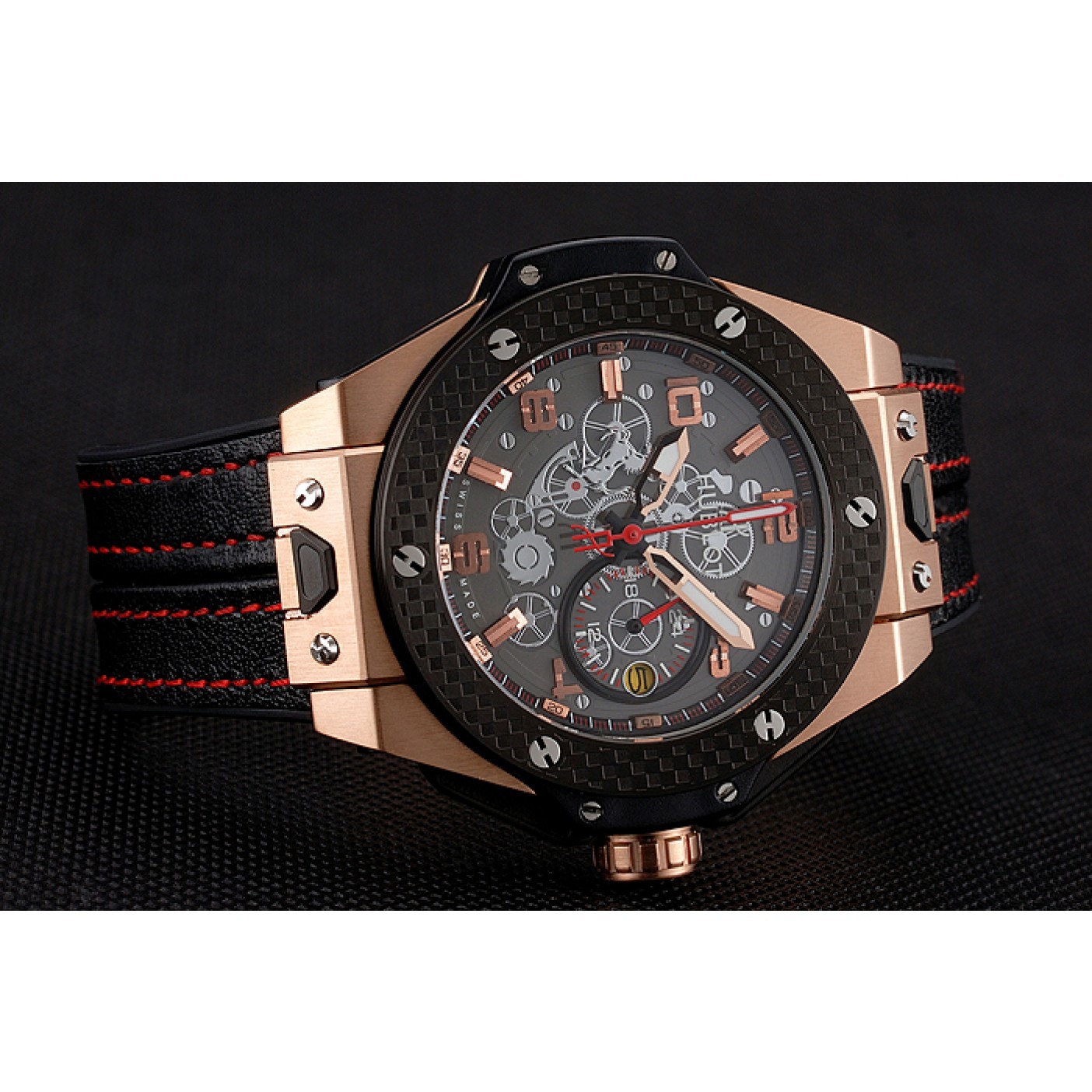 MiroTime Hublot Big Bang Ferrari Silver Dial Carbon Bezel Gold Case Black Leather Strap 622769