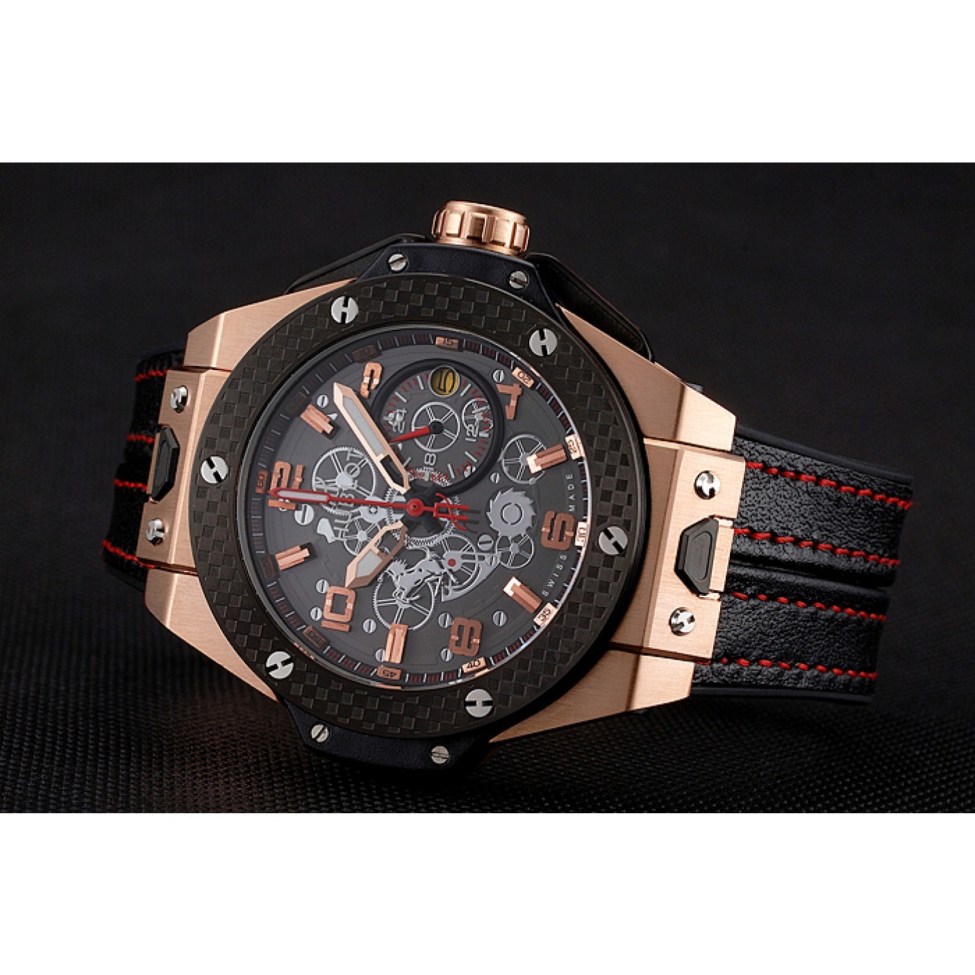 MiroTime Hublot Big Bang Ferrari Silver Dial Carbon Bezel Gold Case Black Leather Strap 622769
