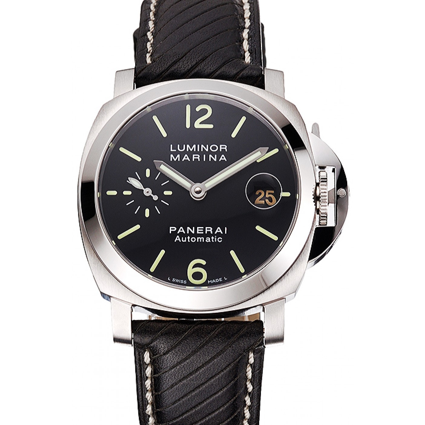 MiroTime Swiss Panerai Luminor Marina Black Dial Stainless Steel Case Black Leather Strap