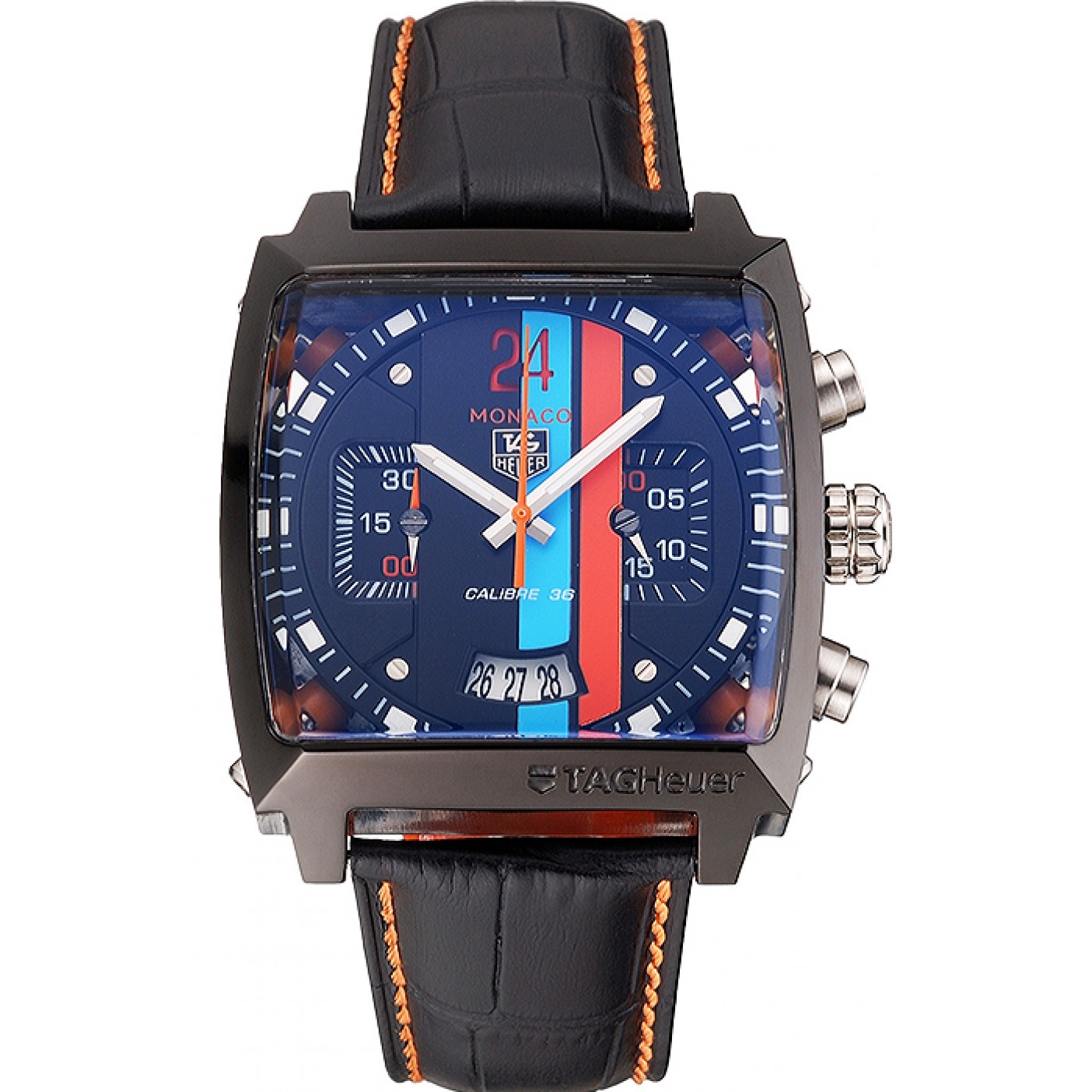 MiroTime Tag Heuer Monaco Calibre 36 Blue And Orange Stripes Dial Black Leather Strap 622302