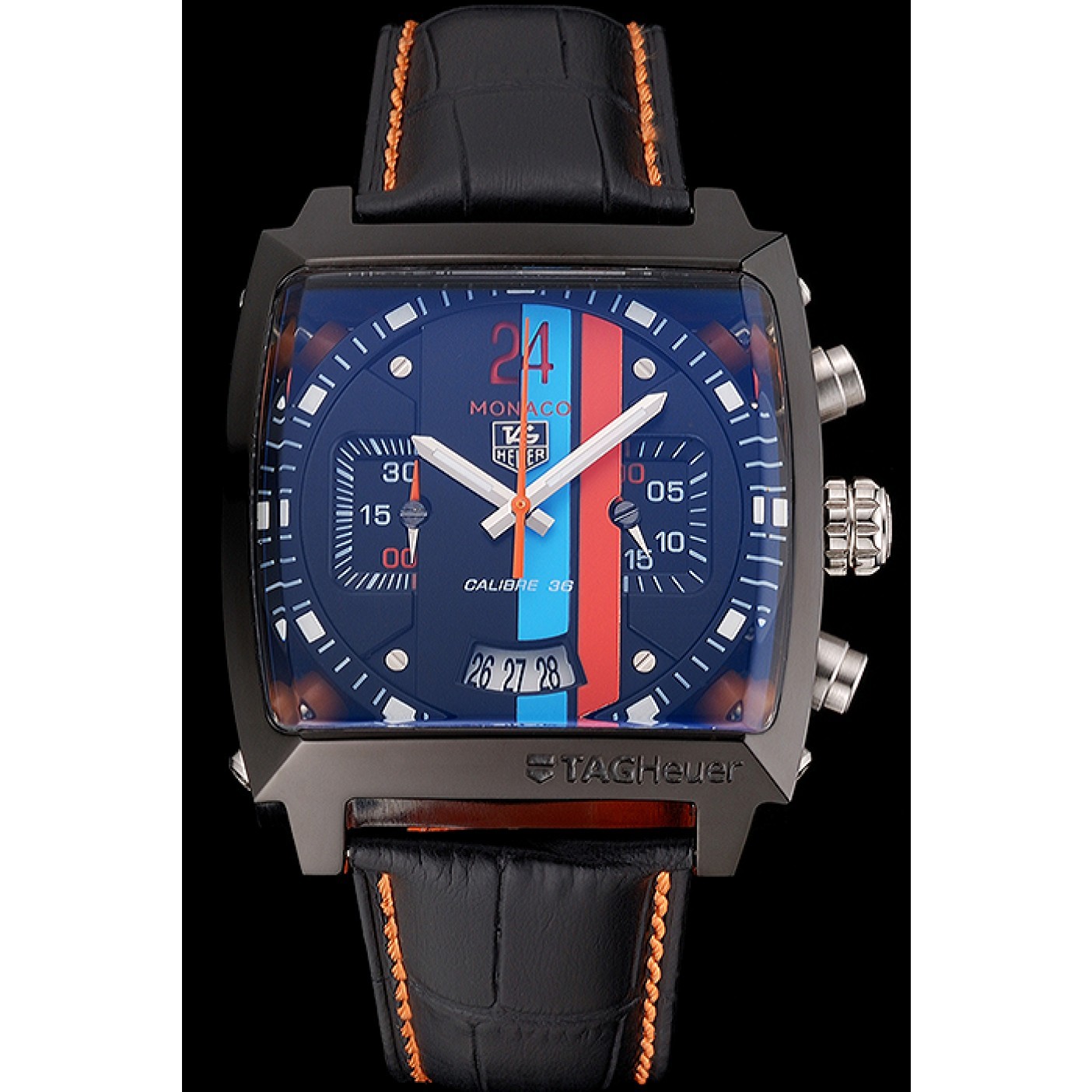 MiroTime Tag Heuer Monaco Calibre 36 Blue And Orange Stripes Dial Black Leather Strap 622302