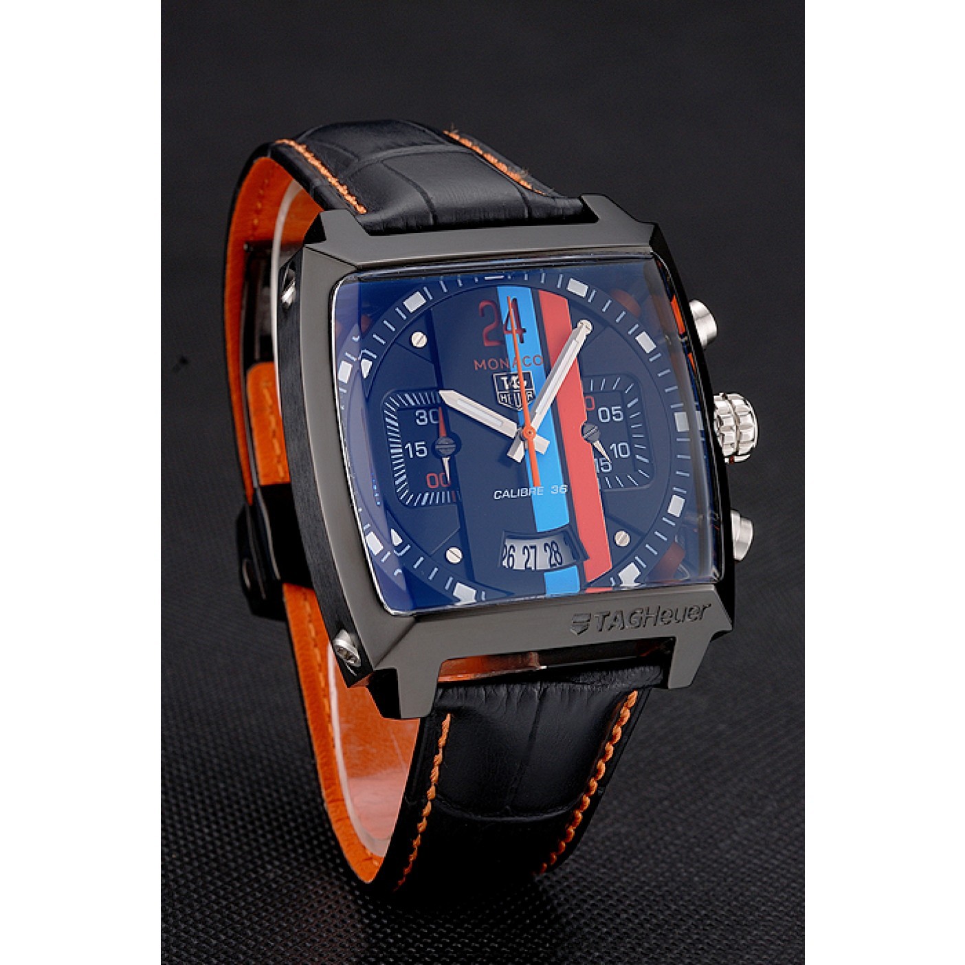 MiroTime Tag Heuer Monaco Calibre 36 Blue And Orange Stripes Dial Black Leather Strap 622302