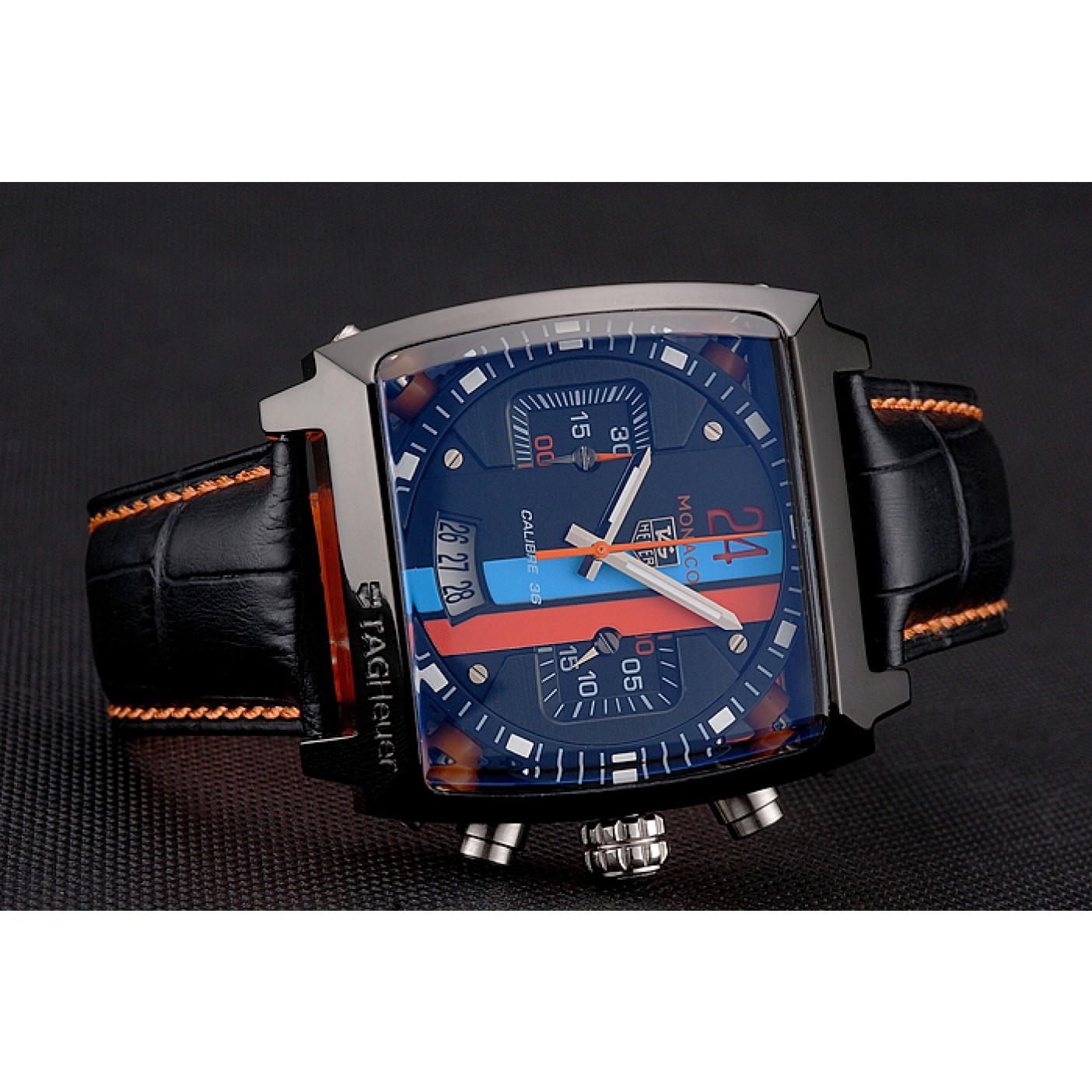 MiroTime Tag Heuer Monaco Calibre 36 Blue And Orange Stripes Dial Black Leather Strap 622302