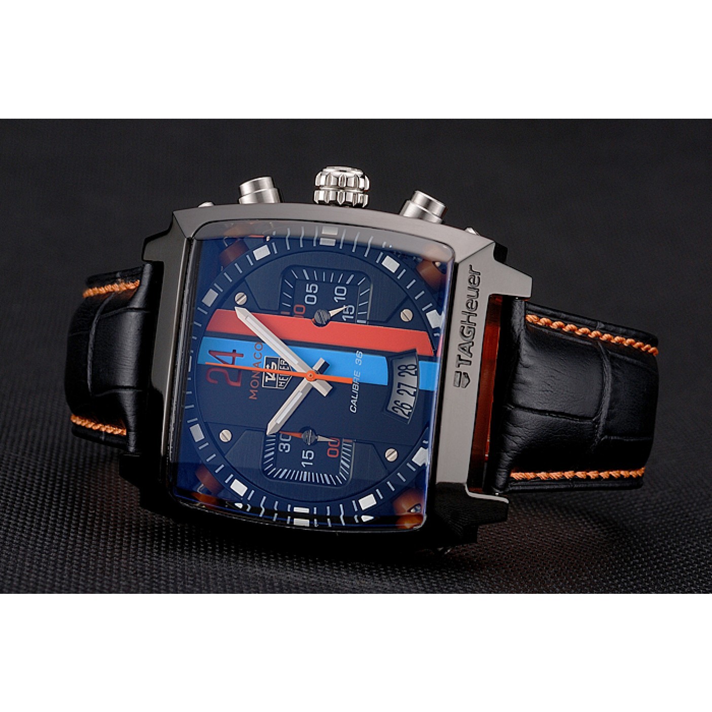 MiroTime Tag Heuer Monaco Calibre 36 Blue And Orange Stripes Dial Black Leather Strap 622302