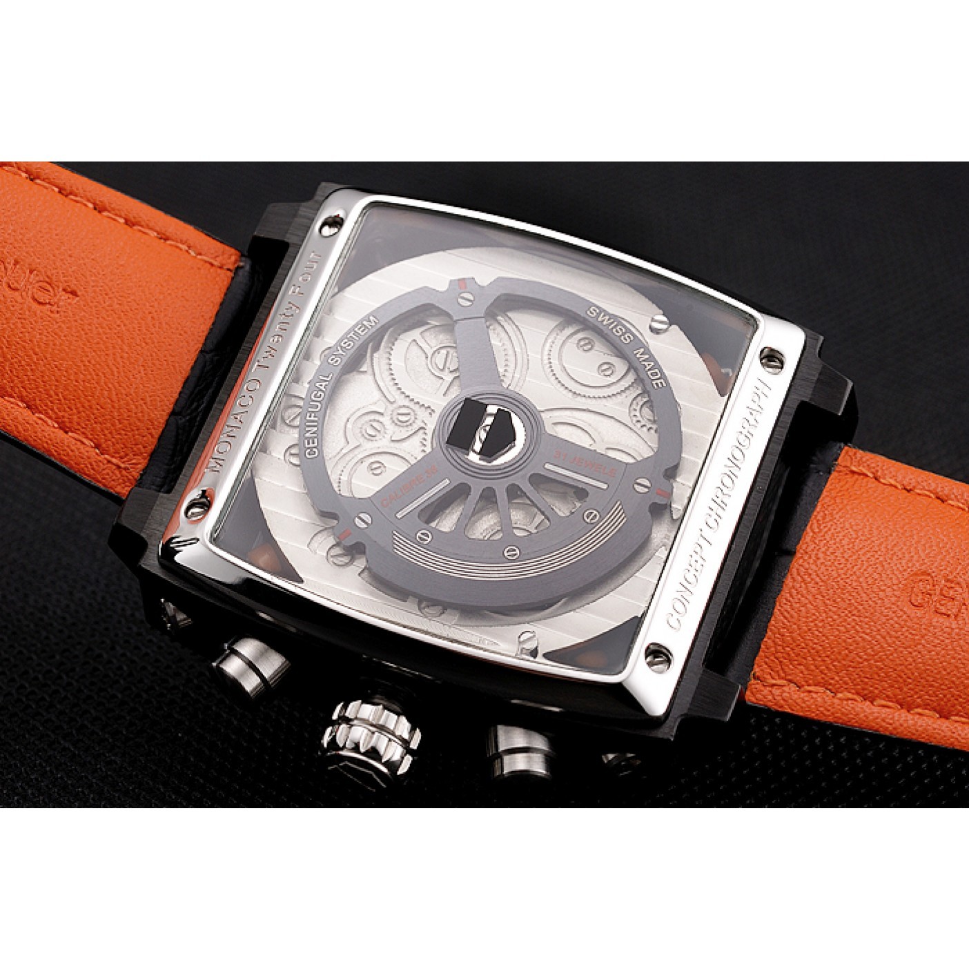 MiroTime Tag Heuer Monaco Calibre 36 Blue And Orange Stripes Dial Black Leather Strap 622302