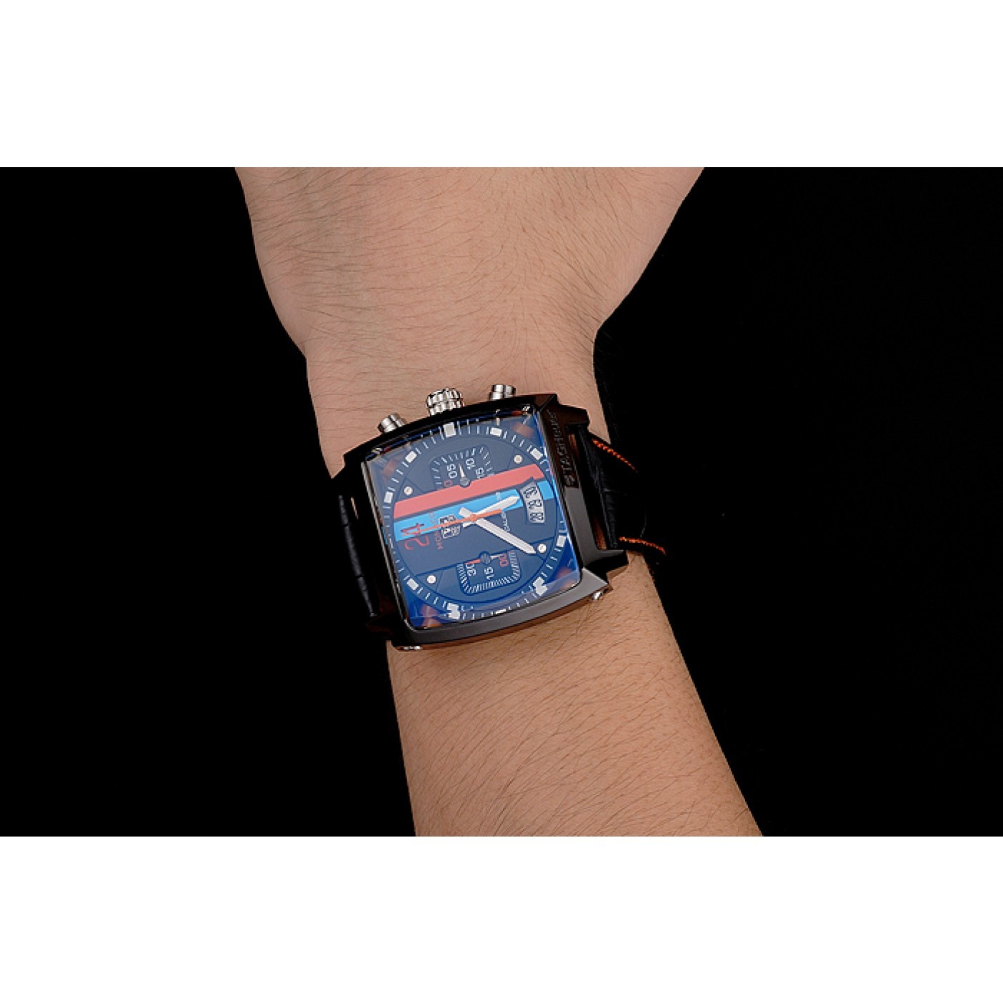 MiroTime Tag Heuer Monaco Calibre 36 Blue And Orange Stripes Dial Black Leather Strap 622302