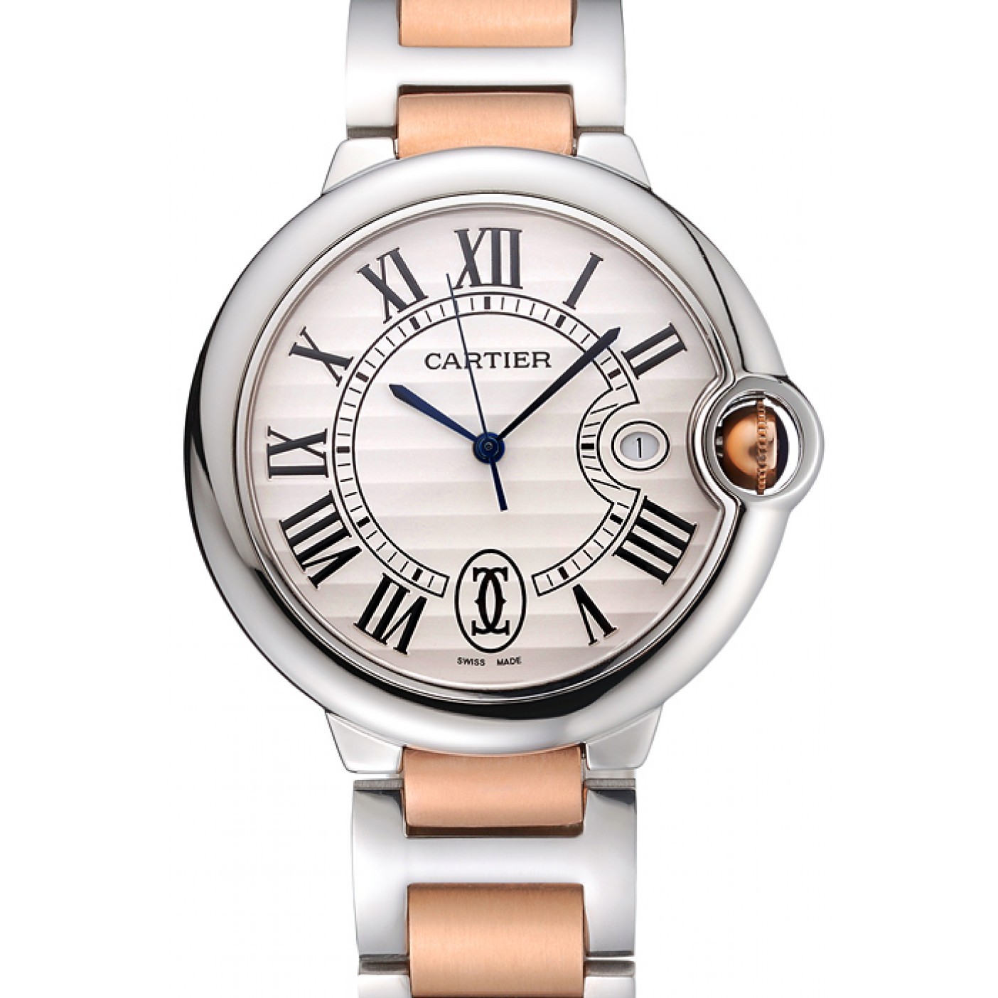 MiroTime Swiss Ballon Blue De Cartier Steel Case White Dial Roman Numerals Two Tone Bracelet 622646
