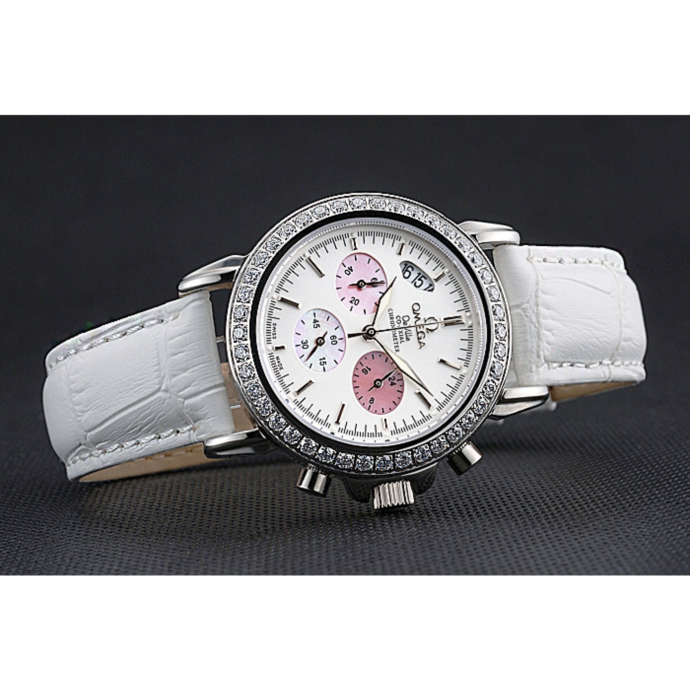 MiroTime Omega De Ville Chronograph White Dial Stainless Steel Diamond Case White Leather Bracelet 622453