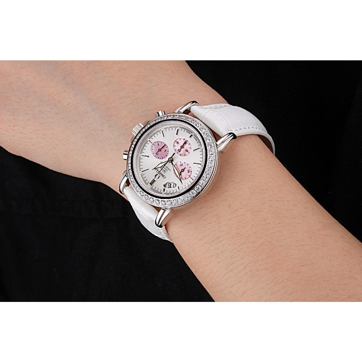 MiroTime Omega De Ville Chronograph White Dial Stainless Steel Diamond Case White Leather Bracelet 622453