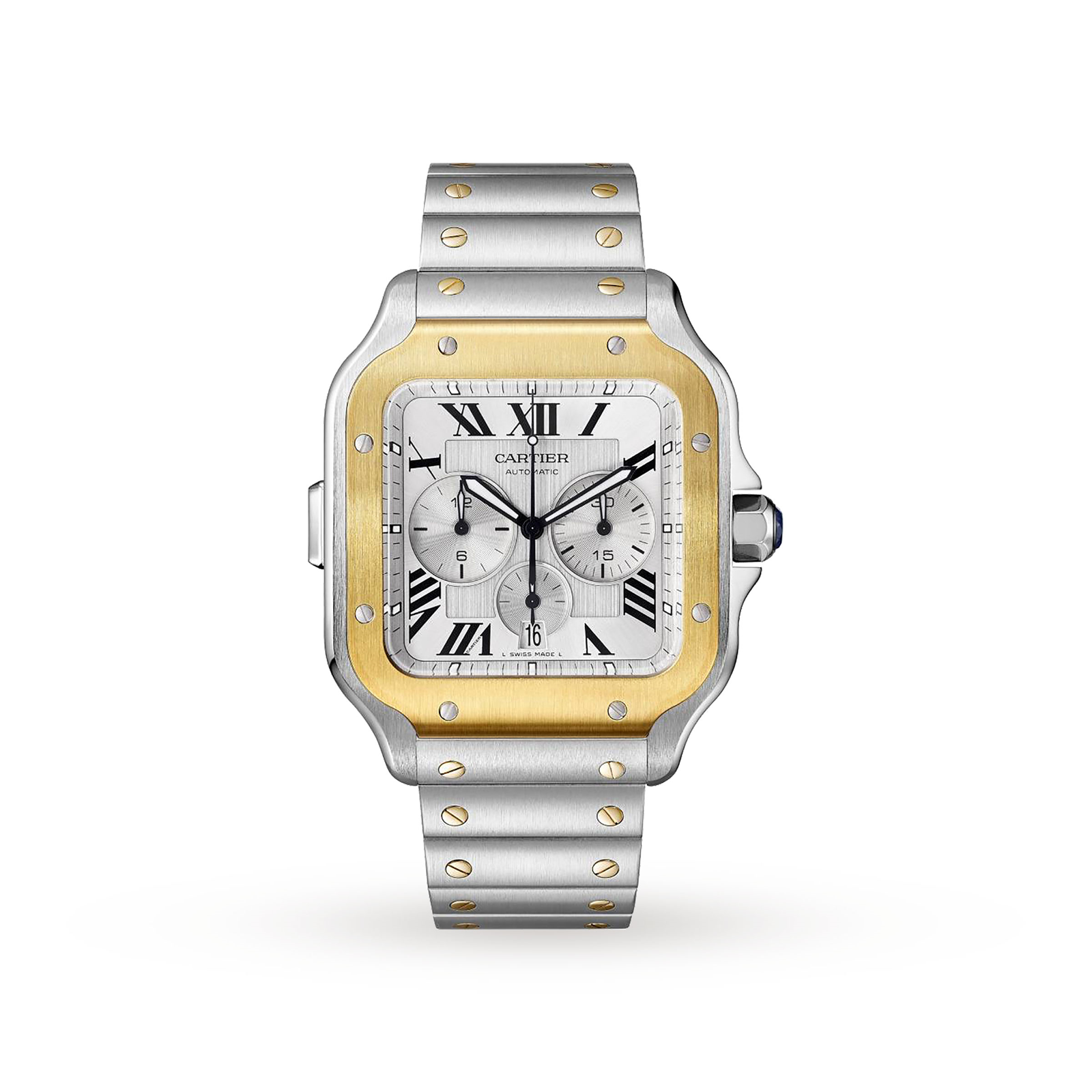 MiroTime Swiss Santos de Cartier Chronograph watch, XL model, chronograph, gold and steel, interchangeable metal and rubber bracelets