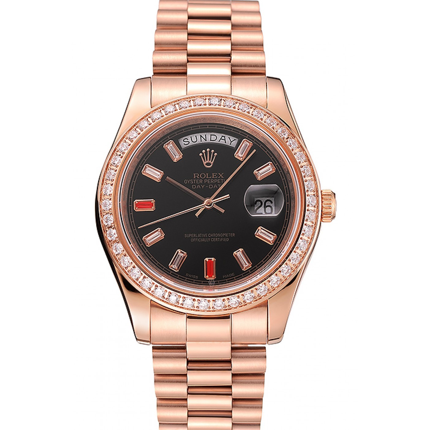 MiroTime Swiss Rolex Day-Date Diamonds And Rubies Black Dial Rose Gold Bracelet 1454102