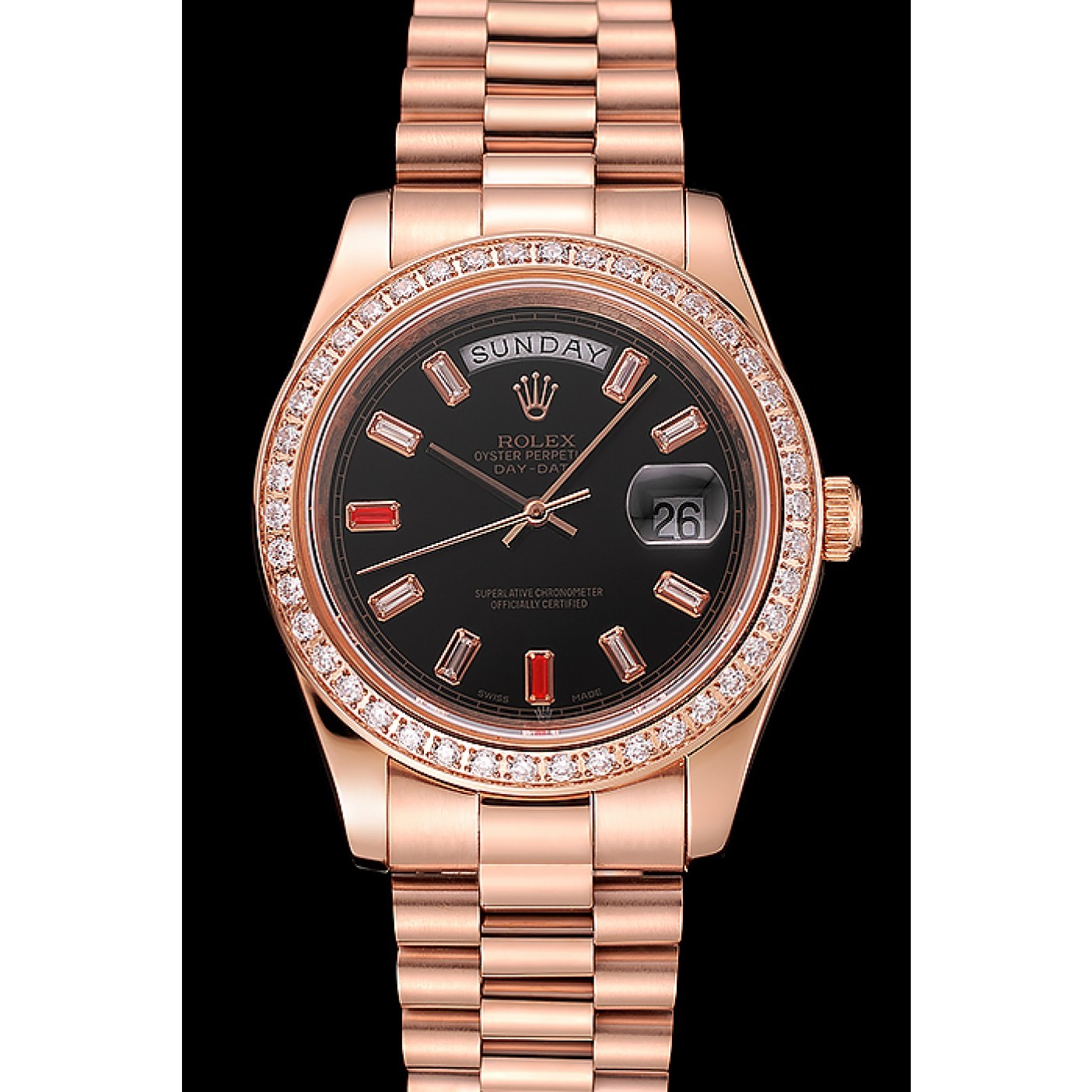 MiroTime Swiss Rolex Day-Date Diamonds And Rubies Black Dial Rose Gold Bracelet 1454102