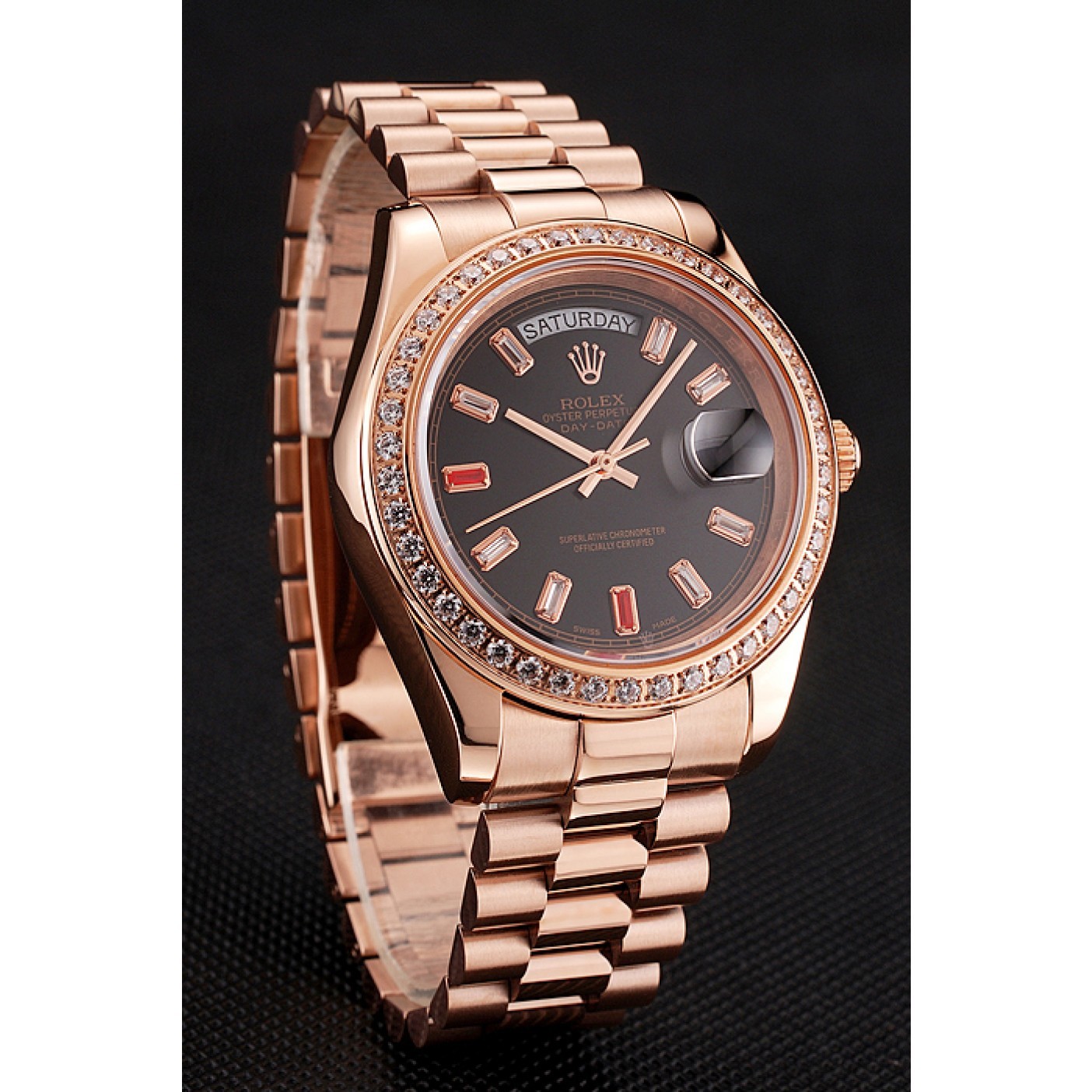 MiroTime Swiss Rolex Day-Date Diamonds And Rubies Black Dial Rose Gold Bracelet 1454102