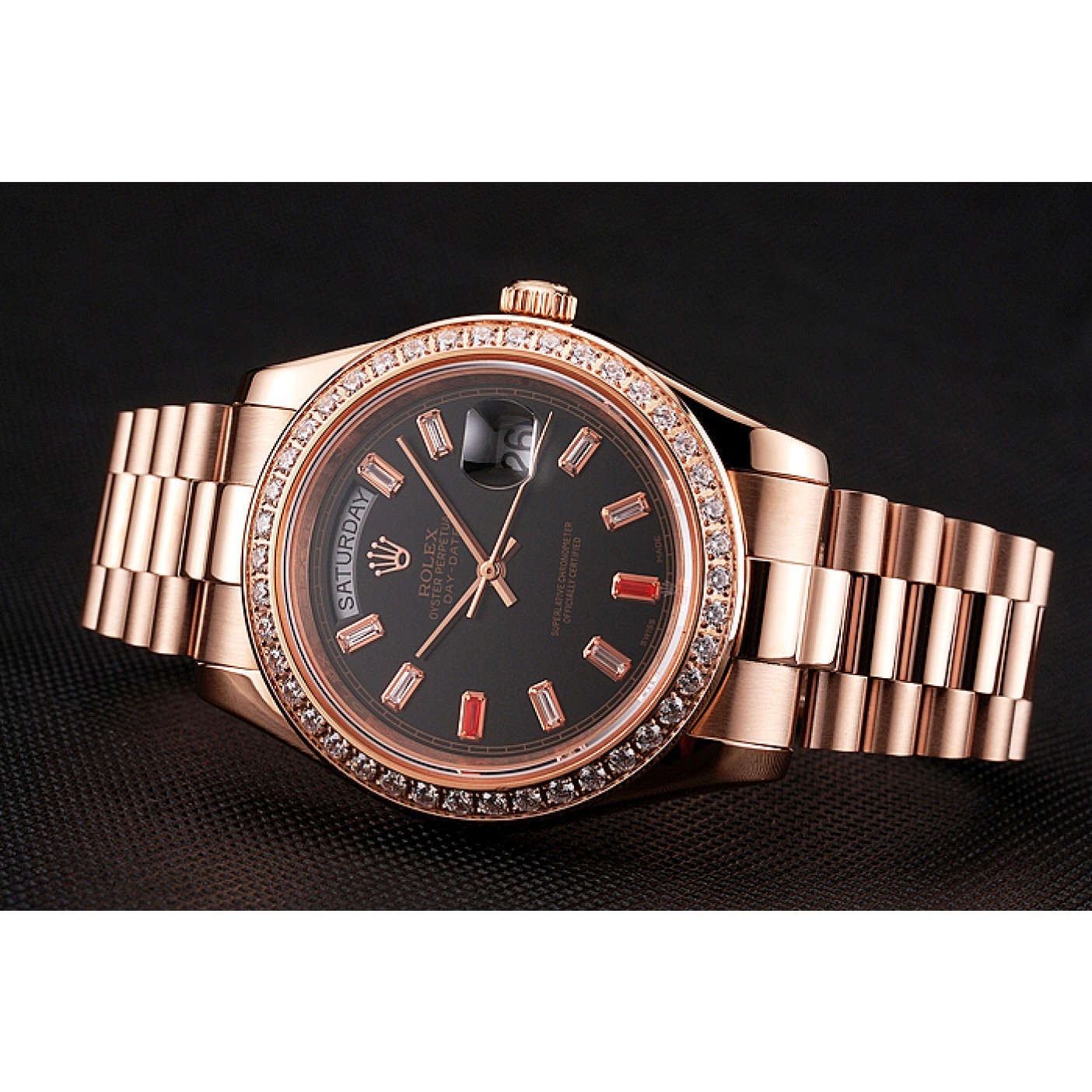 MiroTime Swiss Rolex Day-Date Diamonds And Rubies Black Dial Rose Gold Bracelet 1454102