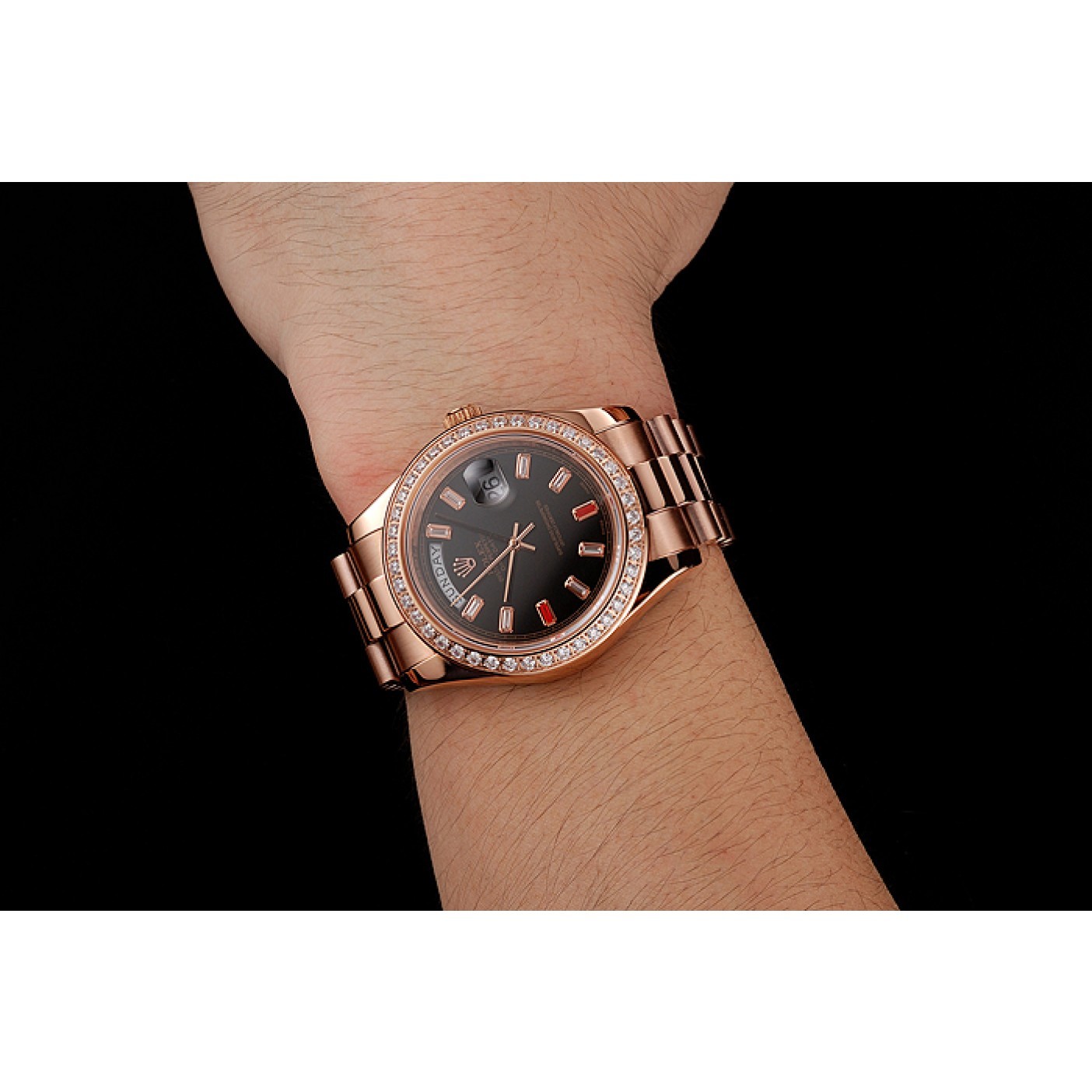 MiroTime Swiss Rolex Day-Date Diamonds And Rubies Black Dial Rose Gold Bracelet 1454102