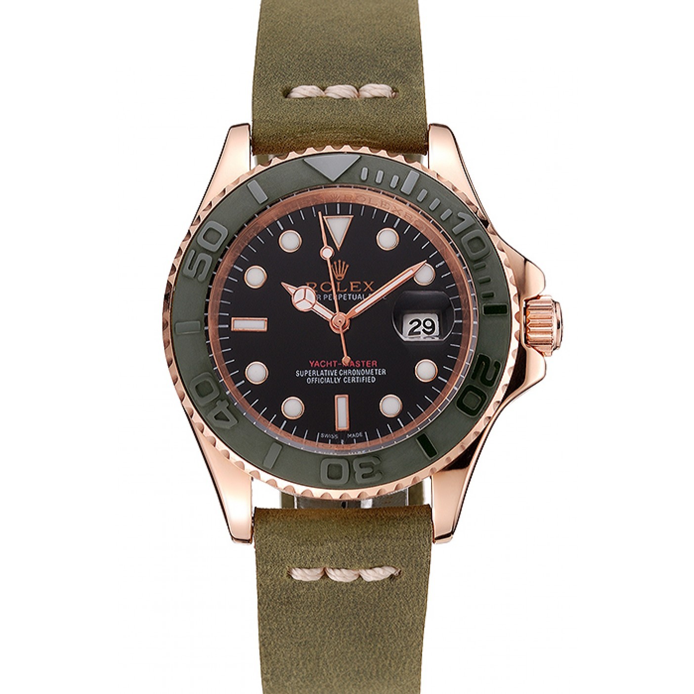 MiroTime Rolex Yacht Master Black Dial Green Bezel Rose Gold Case Green Leather Bracelet 1453862