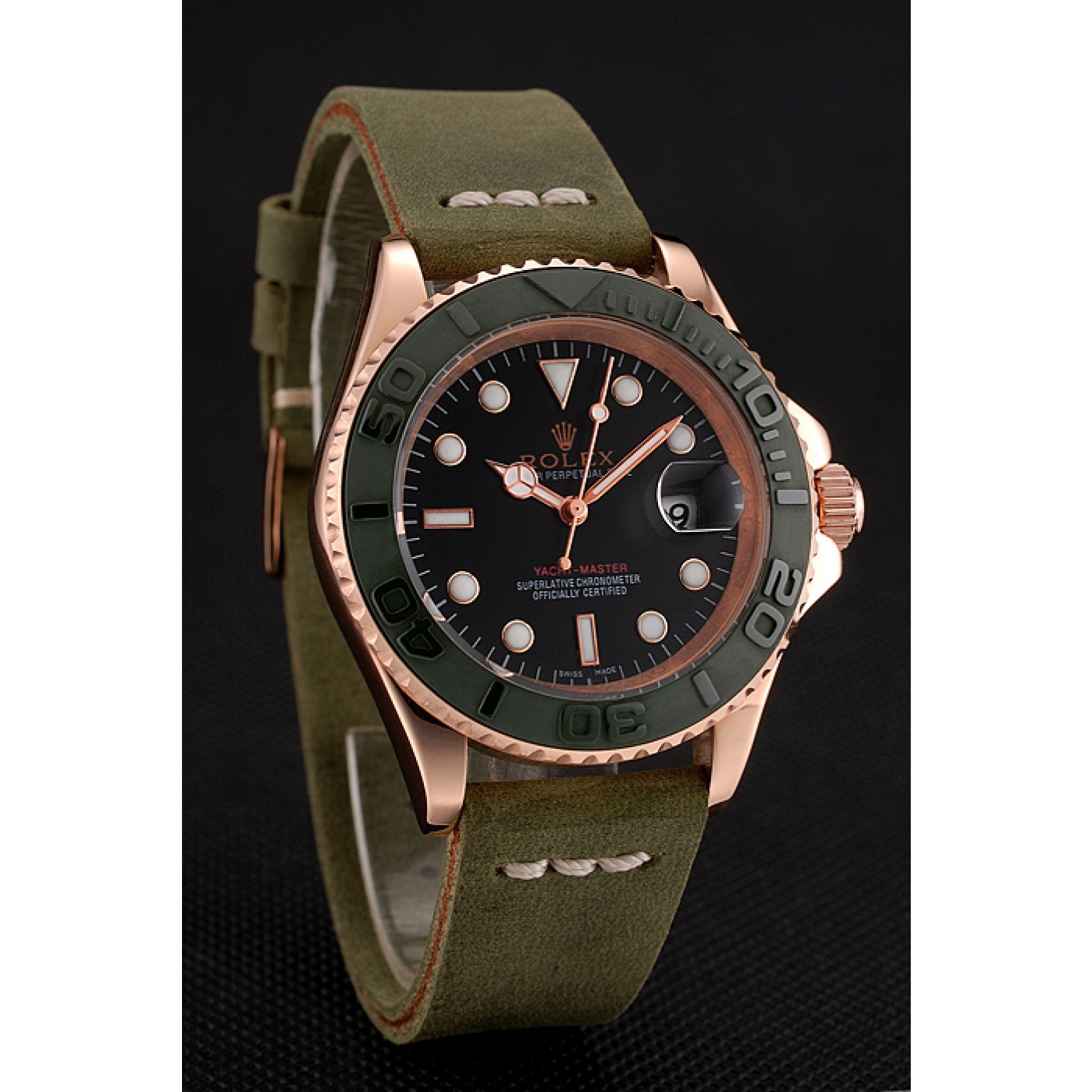 MiroTime Rolex Yacht Master Black Dial Green Bezel Rose Gold Case Green Leather Bracelet 1453862