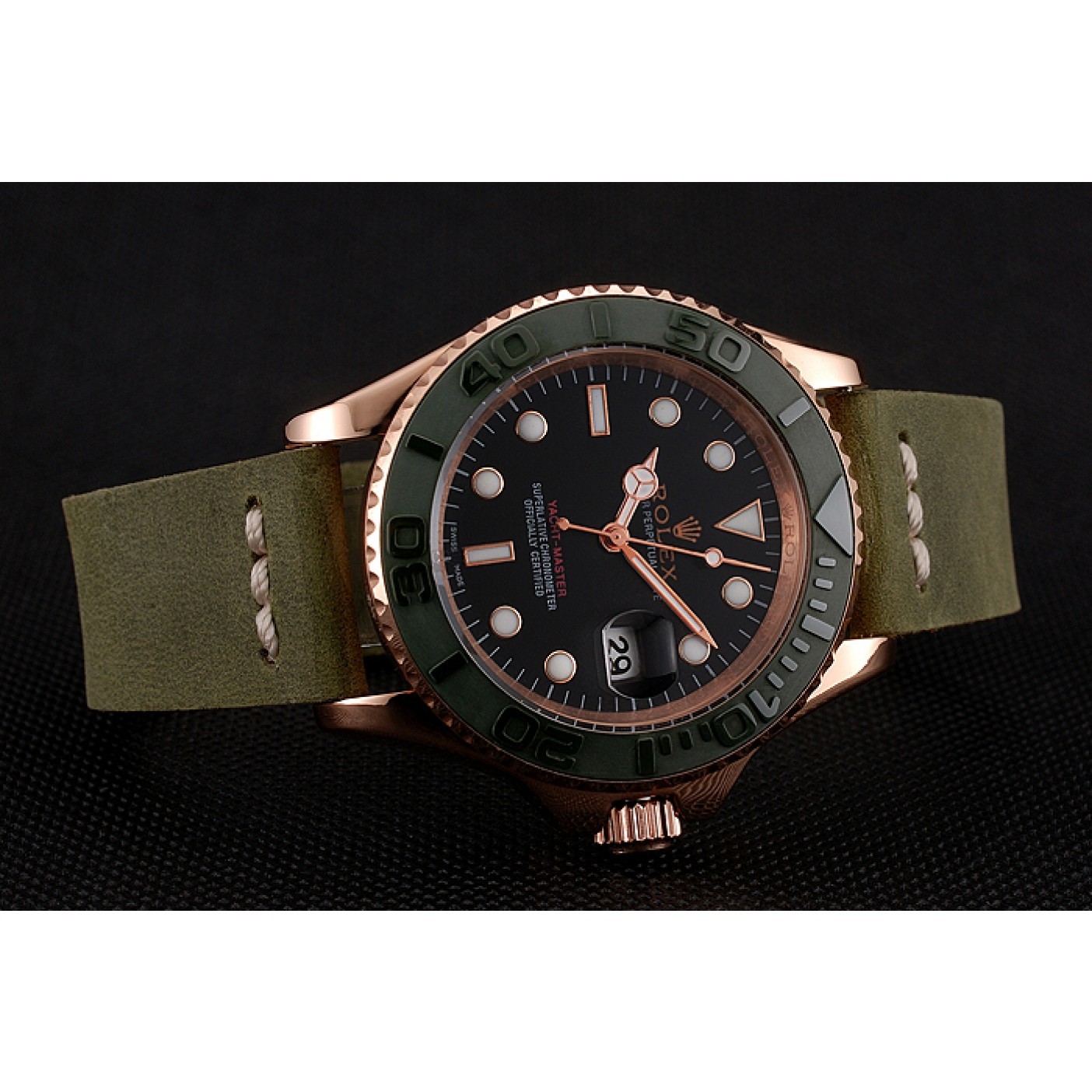 MiroTime Rolex Yacht Master Black Dial Green Bezel Rose Gold Case Green Leather Bracelet 1453862