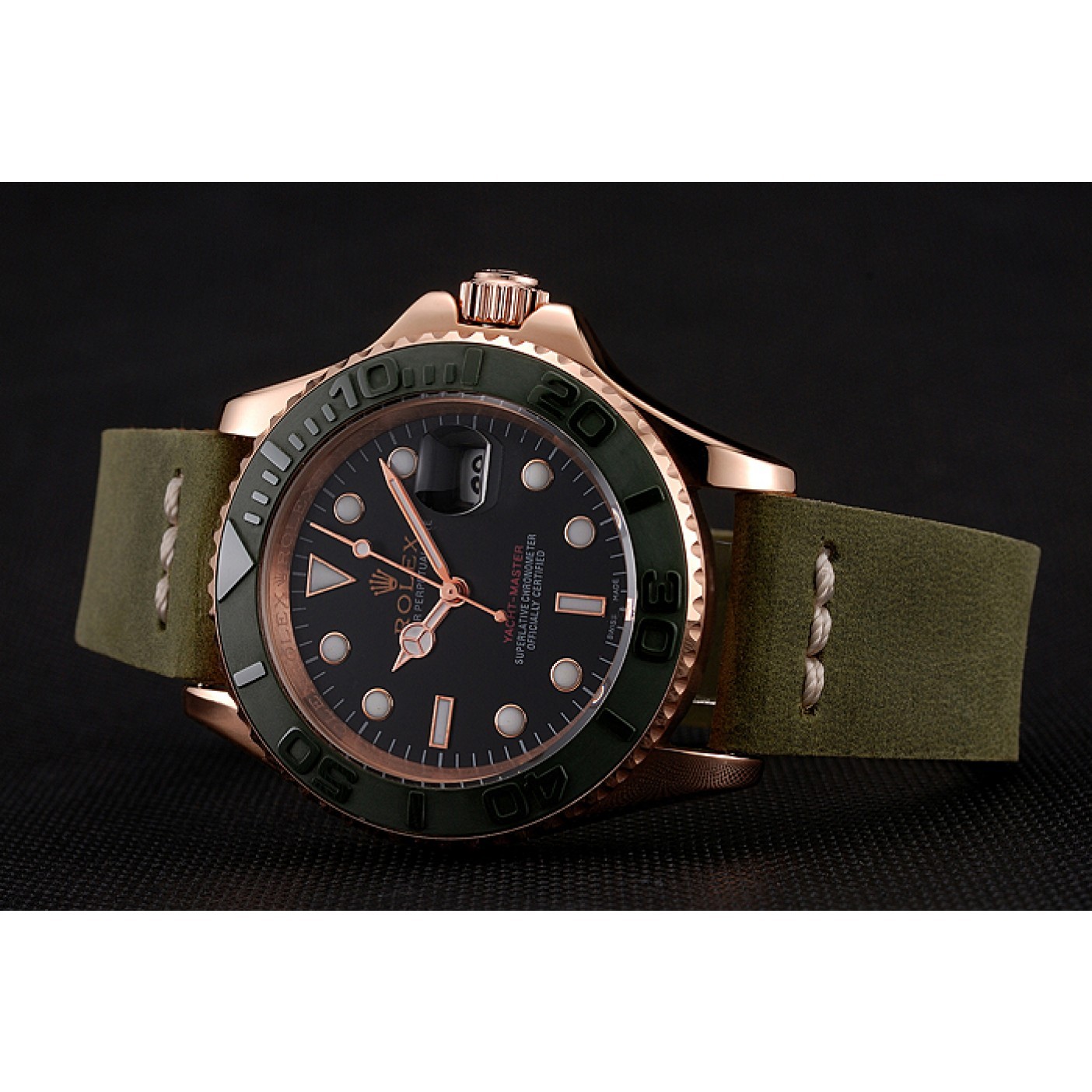 MiroTime Rolex Yacht Master Black Dial Green Bezel Rose Gold Case Green Leather Bracelet 1453862