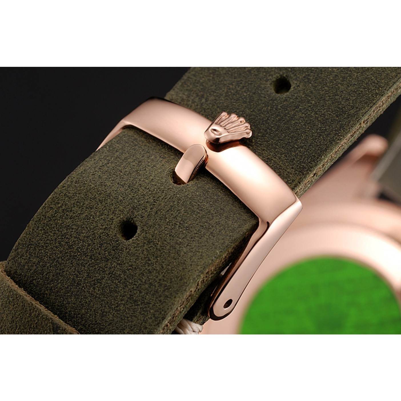 MiroTime Rolex Yacht Master Black Dial Green Bezel Rose Gold Case Green Leather Bracelet 1453862