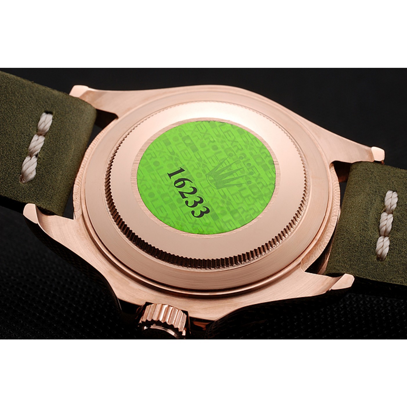 MiroTime Rolex Yacht Master Black Dial Green Bezel Rose Gold Case Green Leather Bracelet 1453862