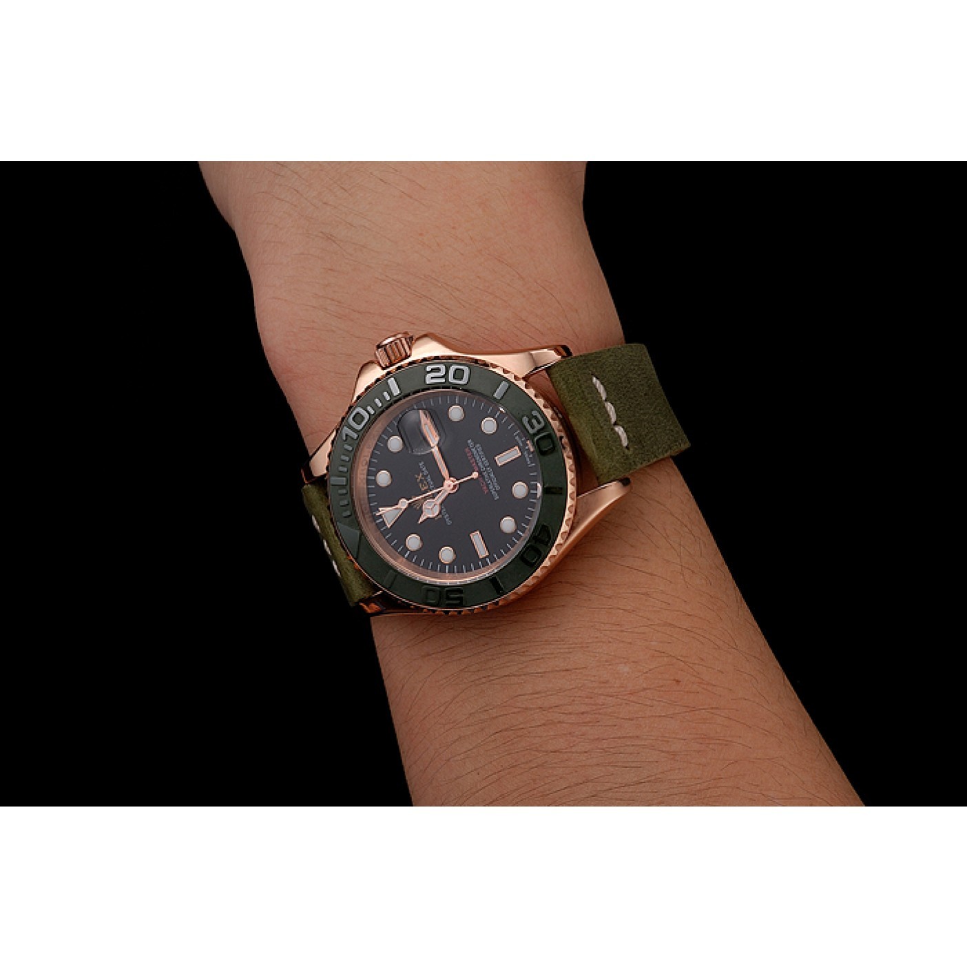 MiroTime Rolex Yacht Master Black Dial Green Bezel Rose Gold Case Green Leather Bracelet 1453862