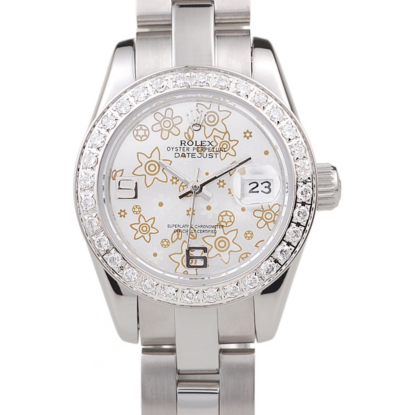 MiroTime Rolex Datejust Polished Stainless Steel Silver Flowers Dial Diamond Plated 98082