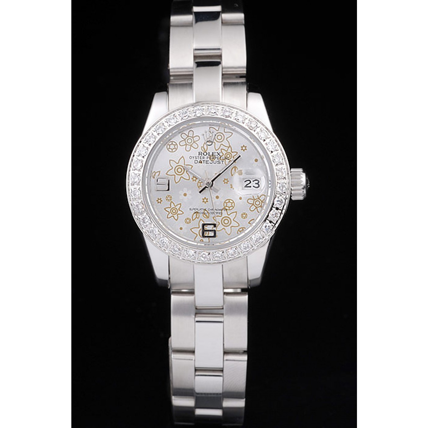 MiroTime Rolex Datejust Polished Stainless Steel Silver Flowers Dial Diamond Plated 98082