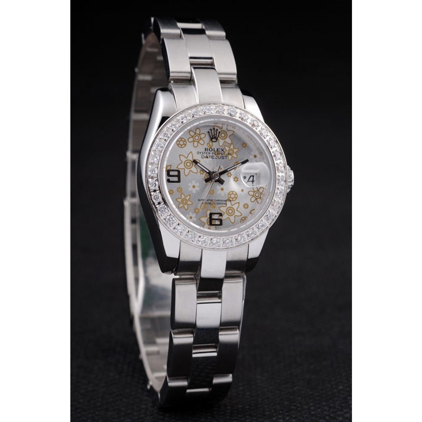 MiroTime Rolex Datejust Polished Stainless Steel Silver Flowers Dial Diamond Plated 98082