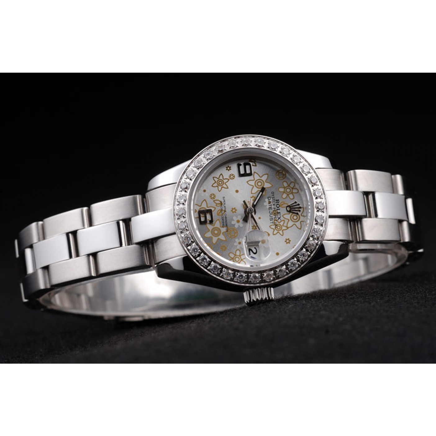 MiroTime Rolex Datejust Polished Stainless Steel Silver Flowers Dial Diamond Plated 98082