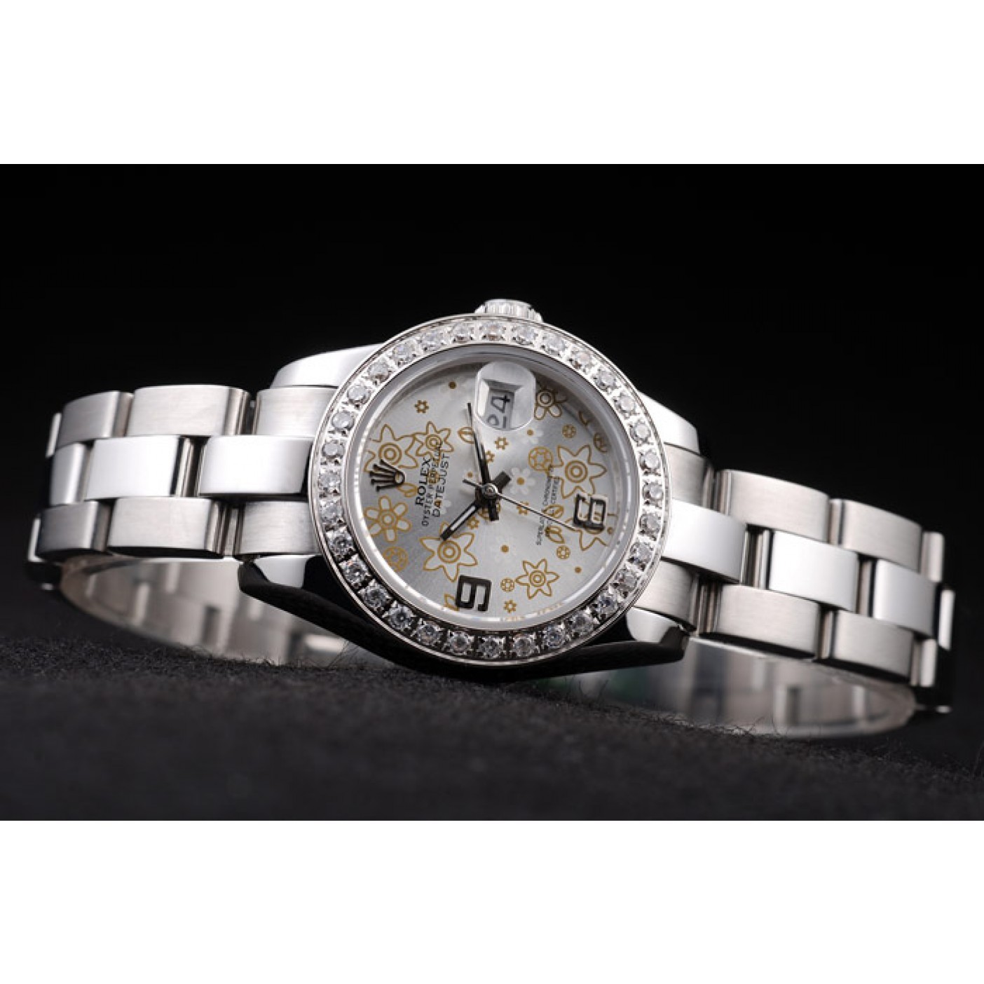 MiroTime Rolex Datejust Polished Stainless Steel Silver Flowers Dial Diamond Plated 98082