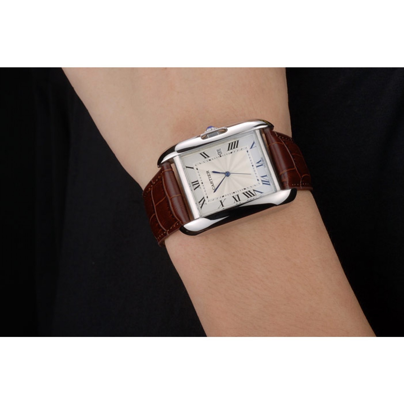 MiroTime Cartier Tank Anglaise 36mm White Dial Stainless Steel Case Brown Leather Bracelet