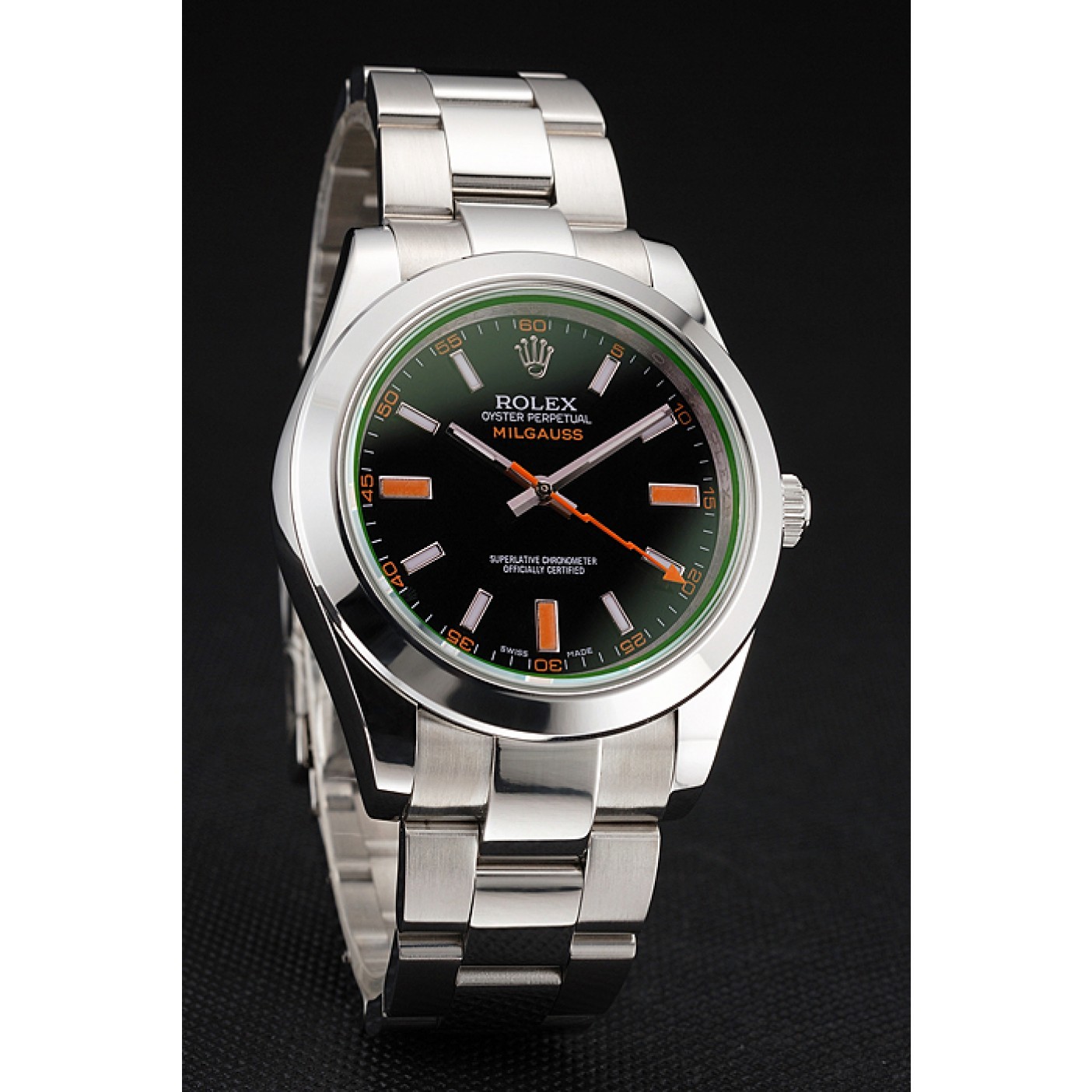 MiroTime Swiss Rolex Milgauss Black Dial Orange Markings Stainless Steel Case And Bracelet