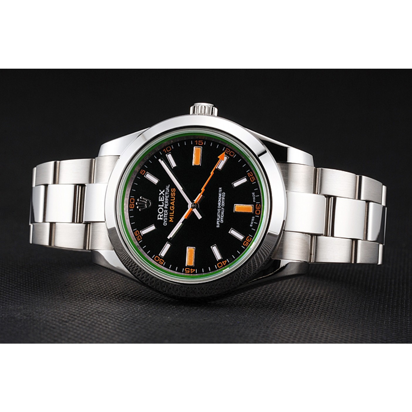 MiroTime Swiss Rolex Milgauss Black Dial Orange Markings Stainless Steel Case And Bracelet
