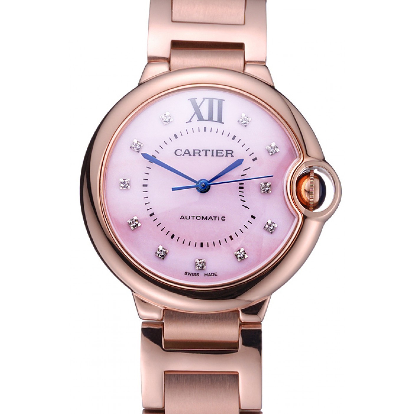 MiroTime Swiss Cartier Ballon Bleu de Cartier Pink Diamond Dial Gold Bracelet 622556
