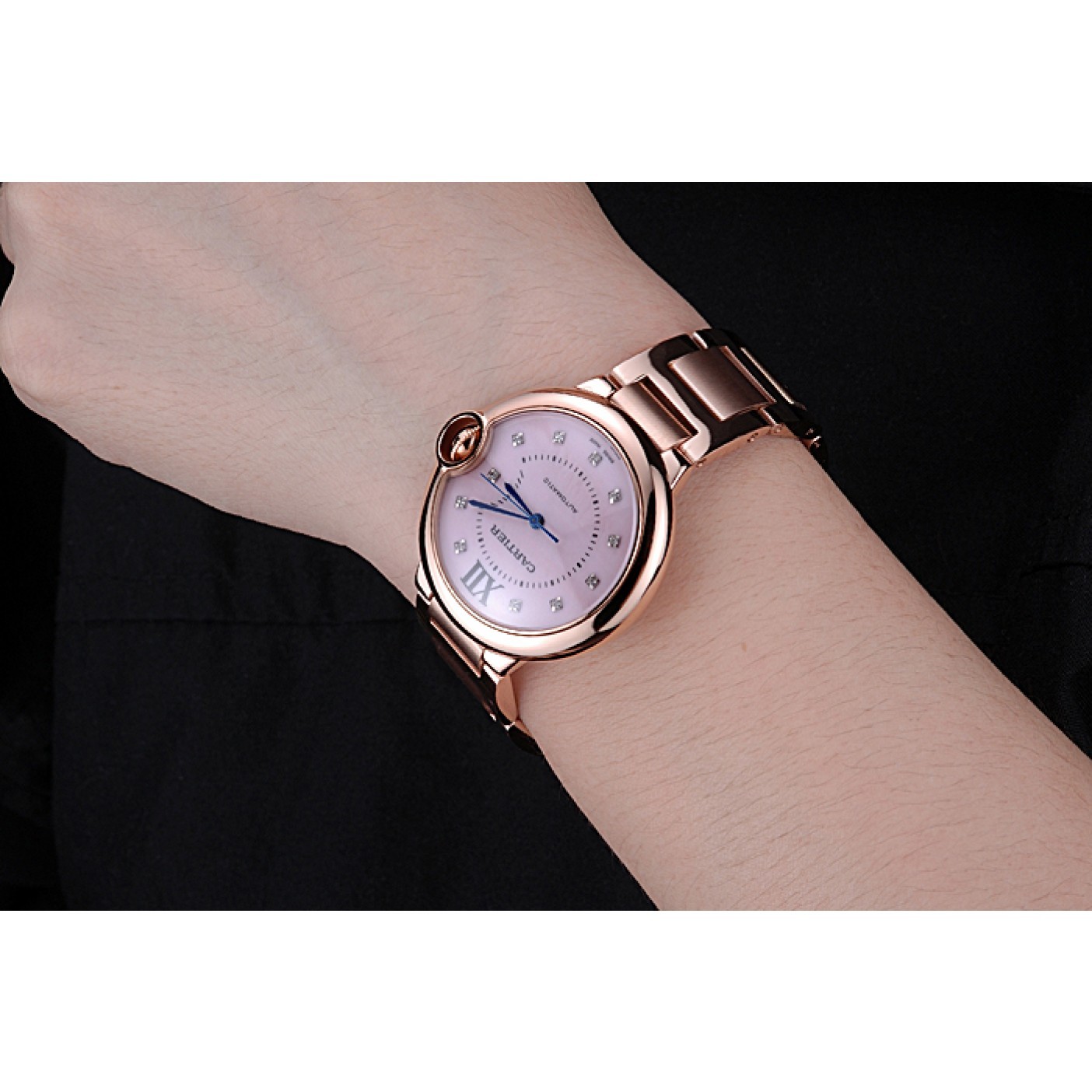 MiroTime Swiss Cartier Ballon Bleu de Cartier Pink Diamond Dial Gold Bracelet 622556