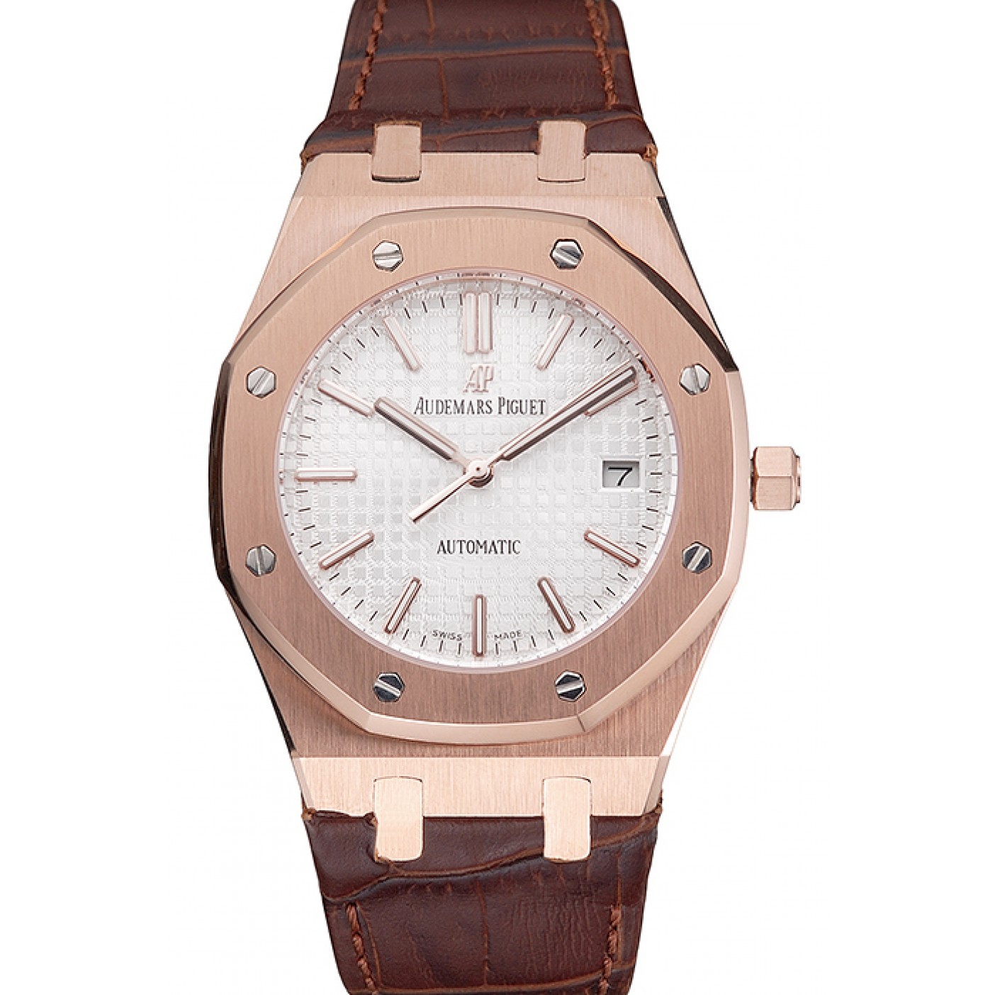 MiroTime Swiss Audemars Piguet Royal Oak White Dial Gold Case Brown Leather Strap