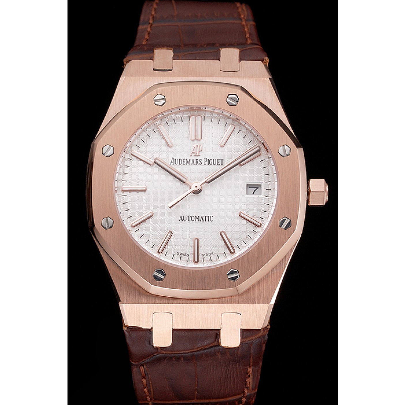 MiroTime Swiss Audemars Piguet Royal Oak White Dial Gold Case Brown Leather Strap