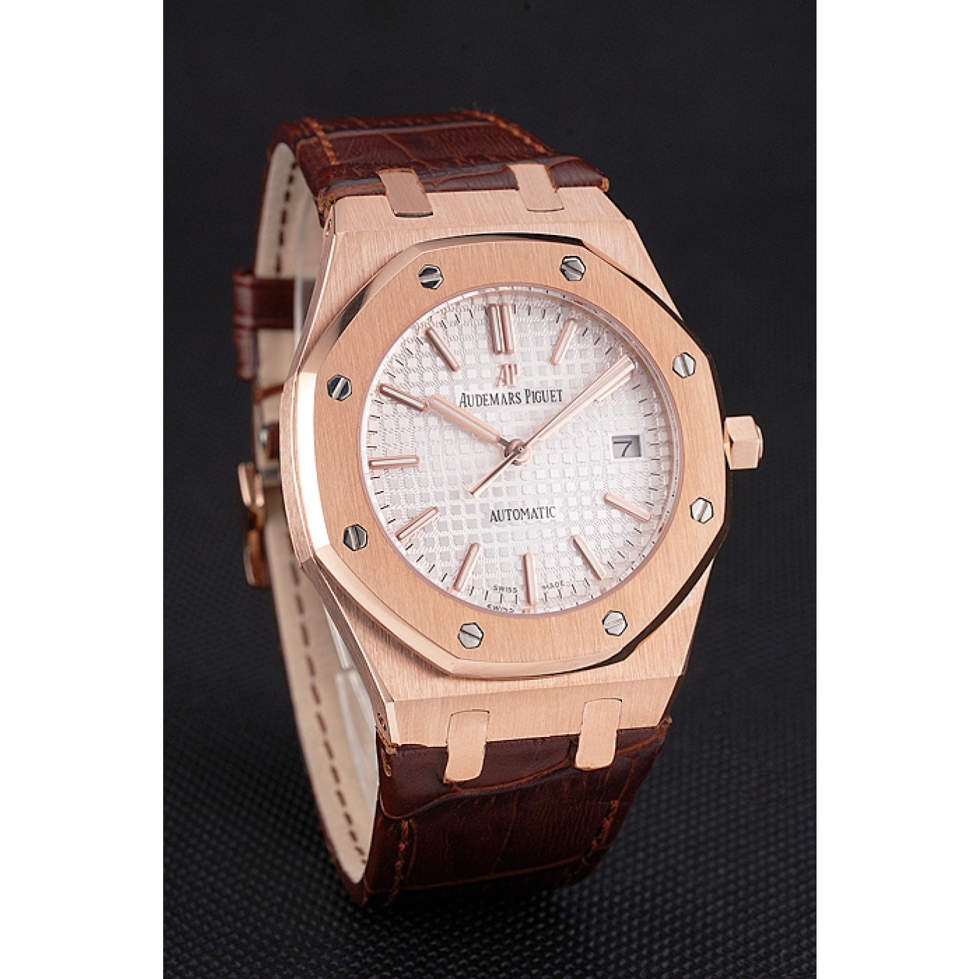 MiroTime Swiss Audemars Piguet Royal Oak White Dial Gold Case Brown Leather Strap