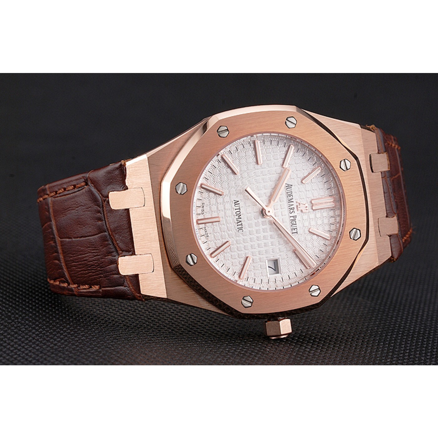 MiroTime Swiss Audemars Piguet Royal Oak White Dial Gold Case Brown Leather Strap