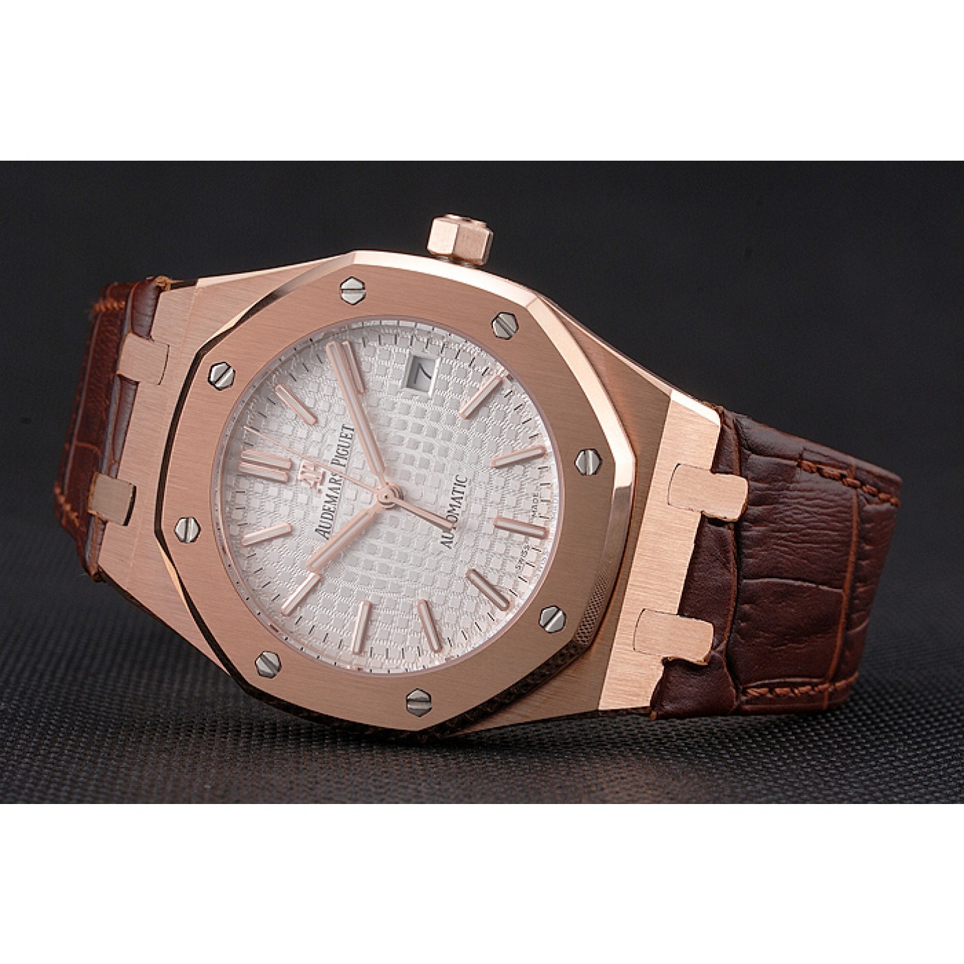 MiroTime Swiss Audemars Piguet Royal Oak White Dial Gold Case Brown Leather Strap