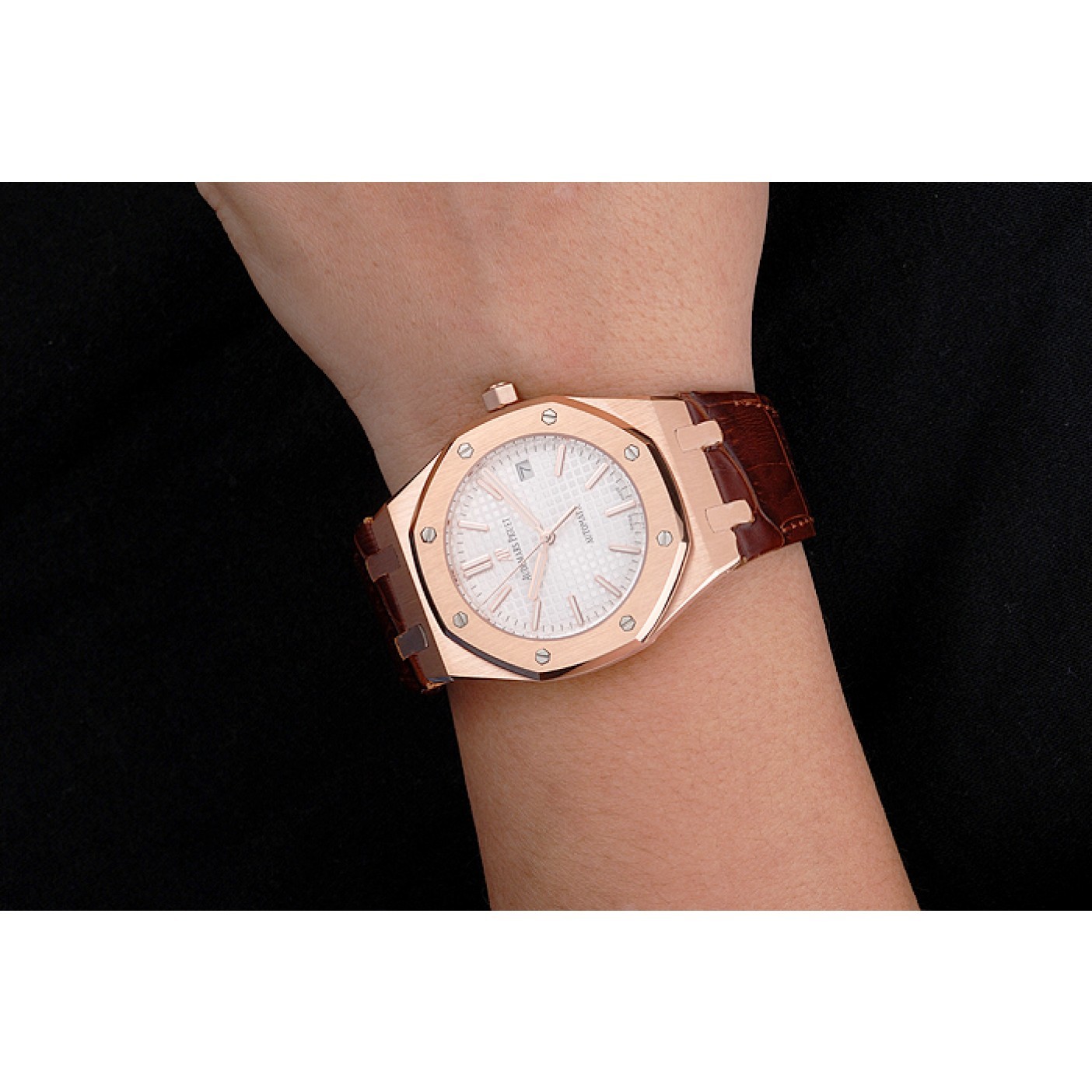 MiroTime Swiss Audemars Piguet Royal Oak White Dial Gold Case Brown Leather Strap